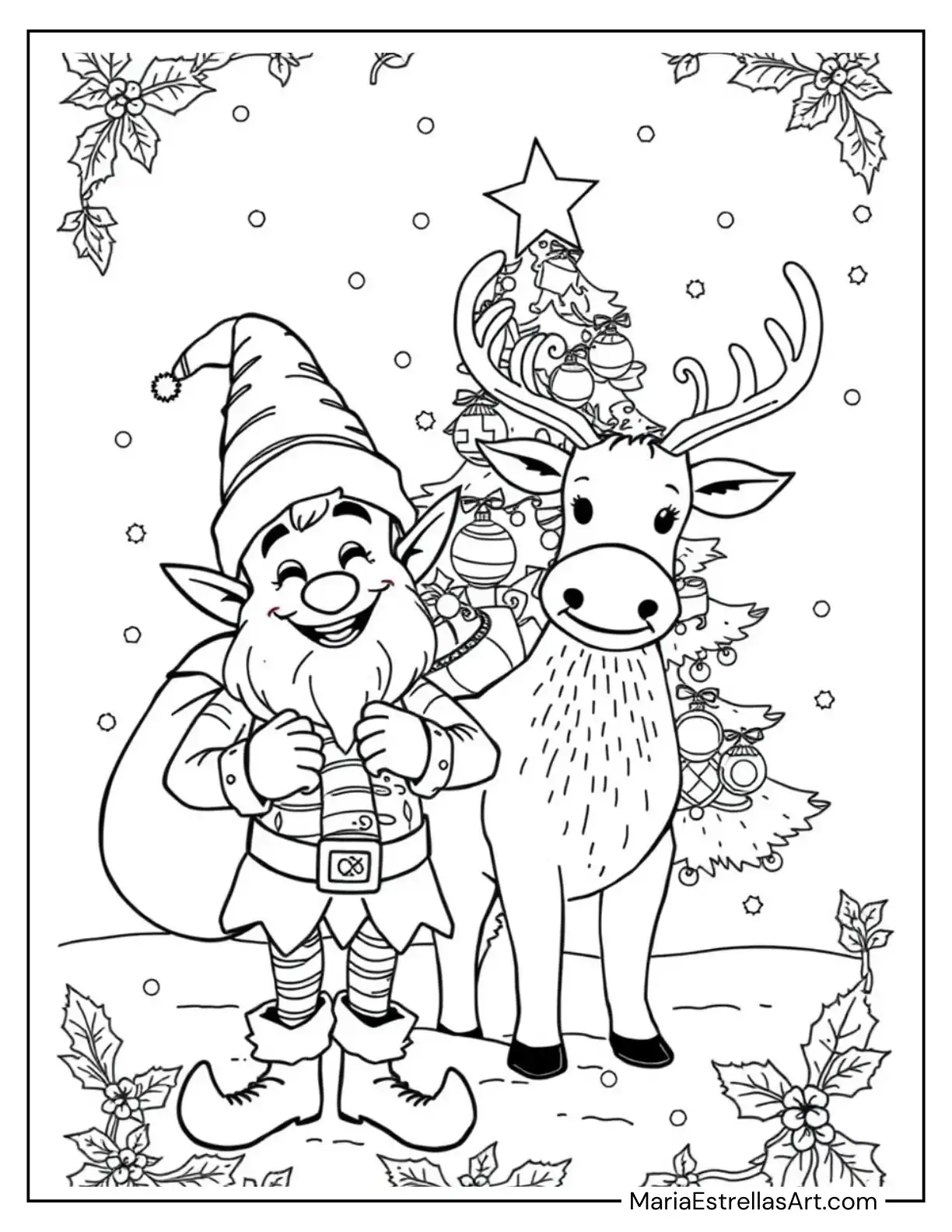 Jolly Elf with Santa Reindeer and Christmas Tree Coloring Sheet