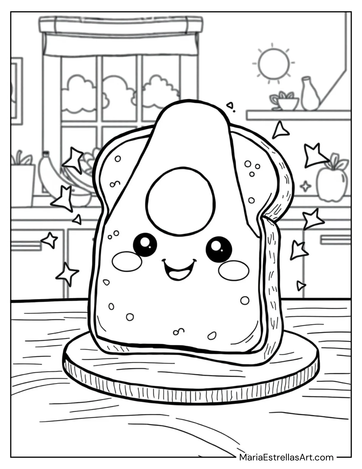 Kawaii Avocado Toast with Sparkles for Kids to Color