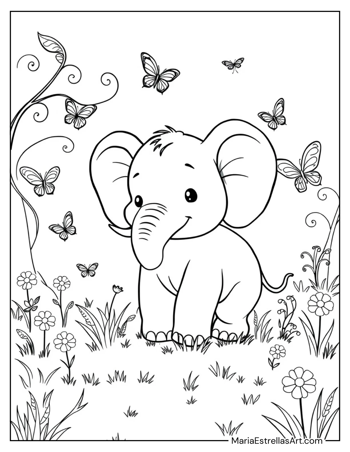 Kawaii Baby Elephant with Butterflies Coloring Page