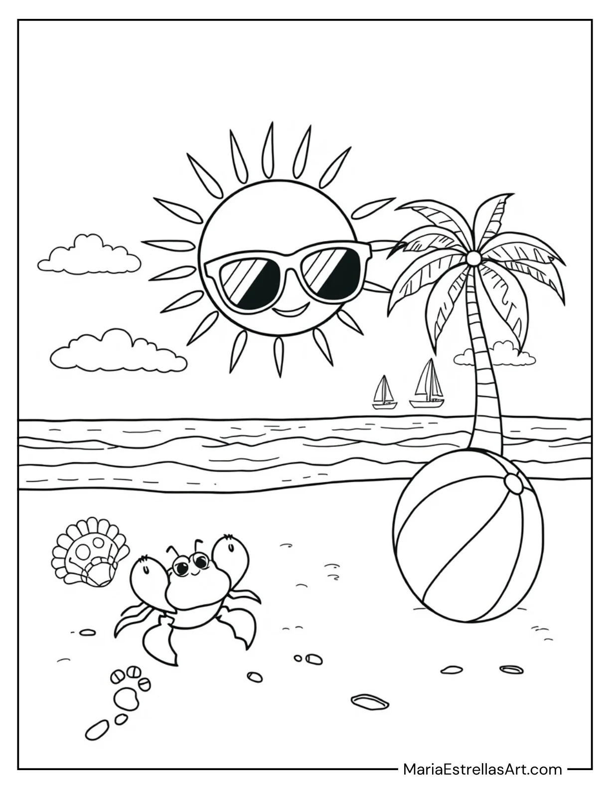 Kawaii Beach Scene with Sunglasses Coloring Page