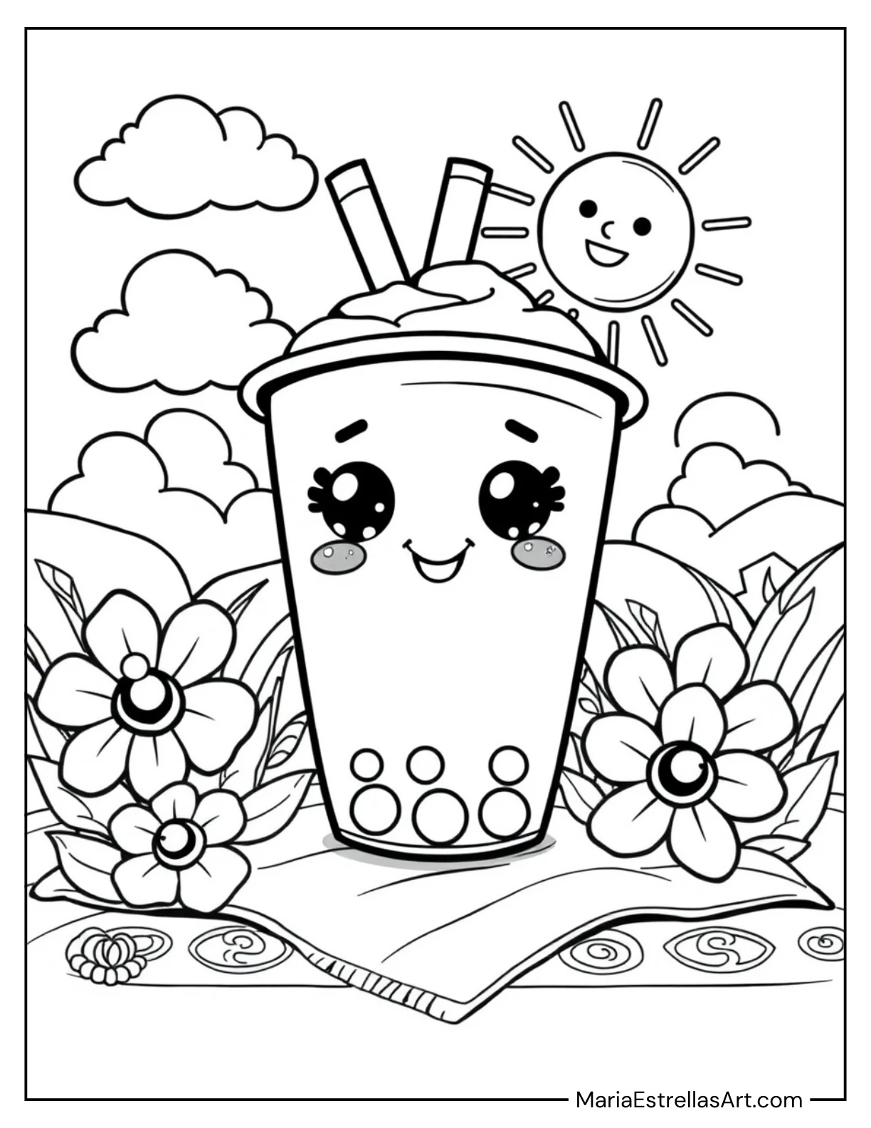 Kawaii Boba Tea with Cheeky Smiles for Kids to Color