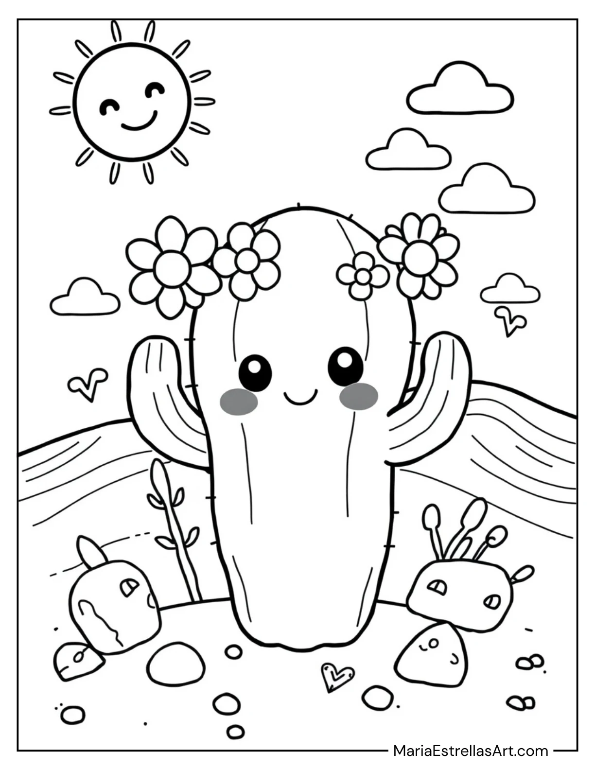 Kawaii Cactus with flowers Coloring Page