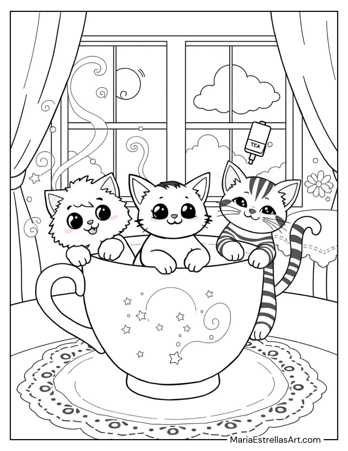 Kawaii Cats in Teacups for Kids to Color