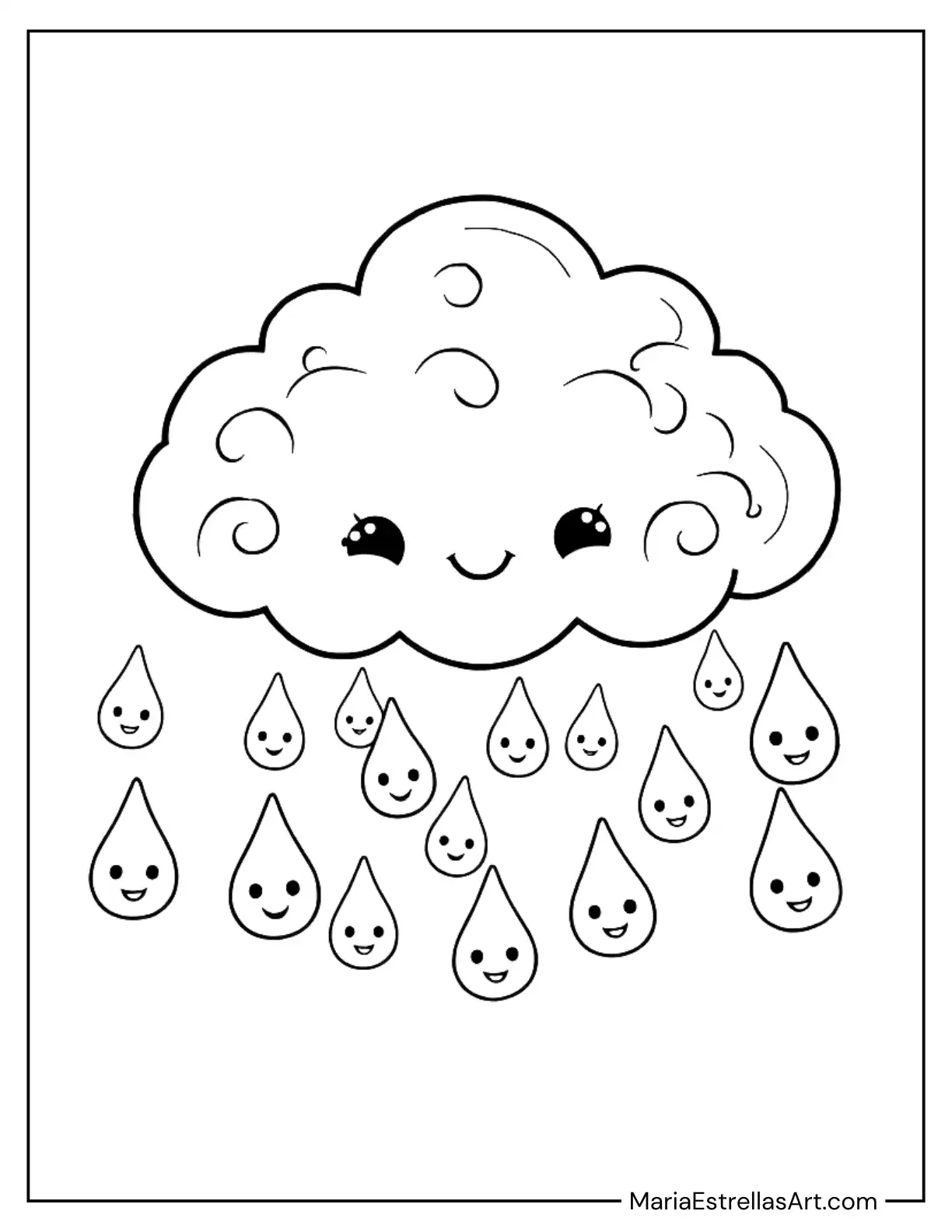 Kawaii Cloud With Raindrops to Color for Kids