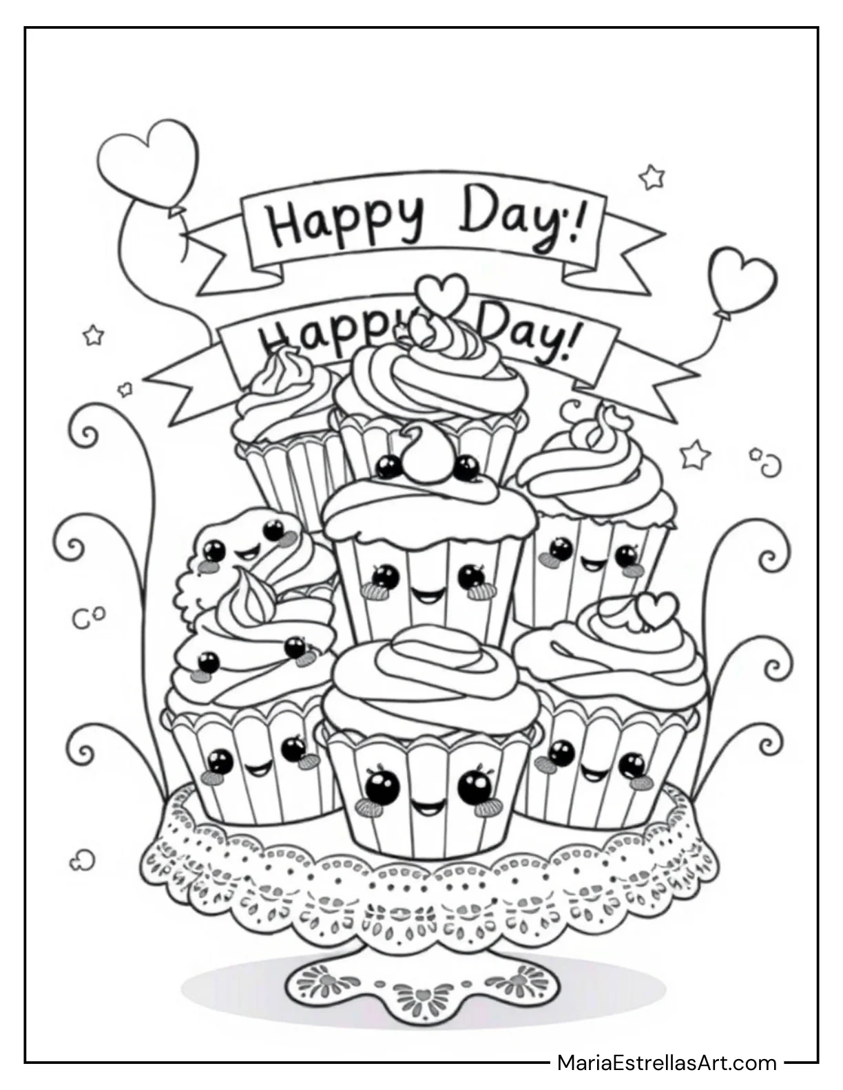 Kawaii Cupcakes with Frosting Smiles Coloring Page