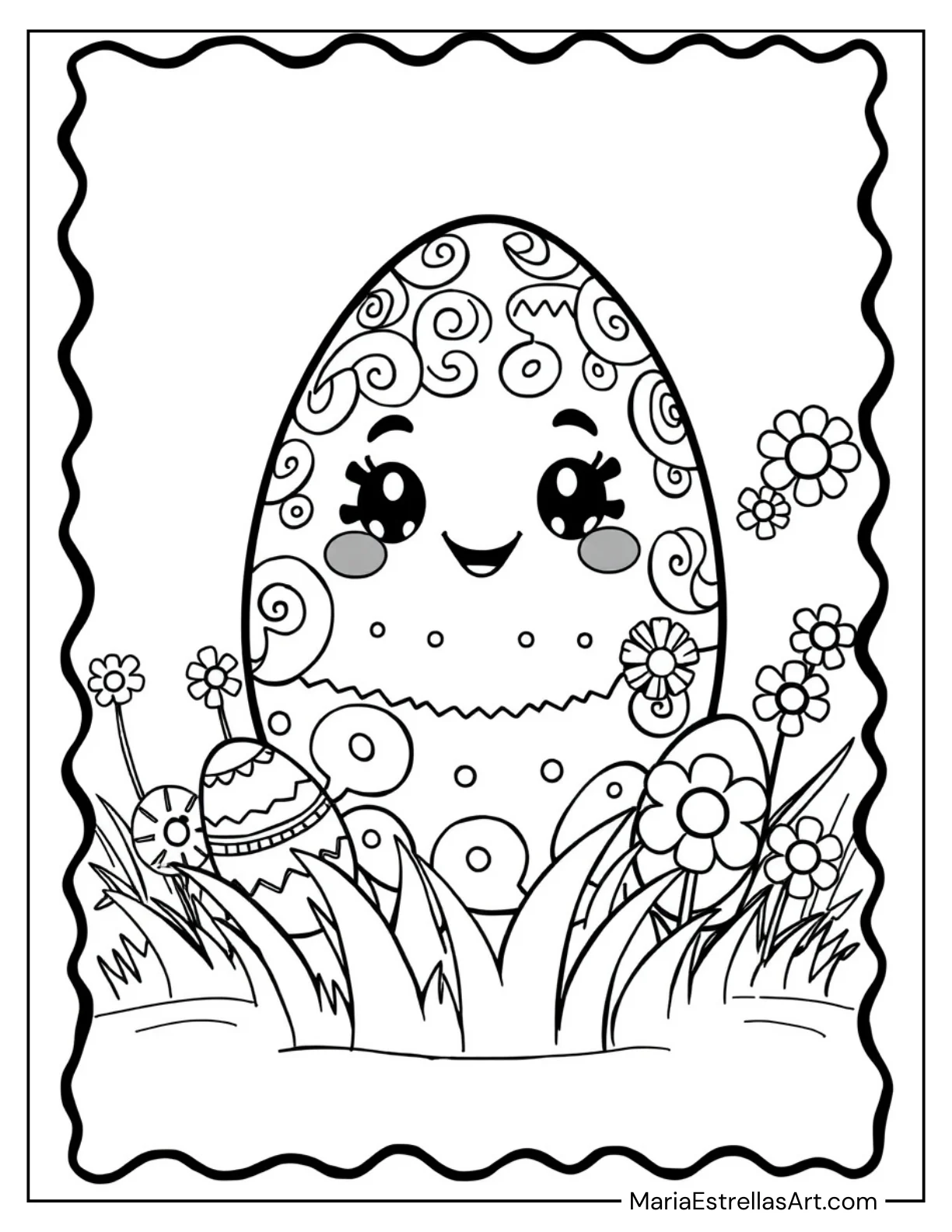 Kawaii Easter Egg with Smiling Face Coloring Sheet