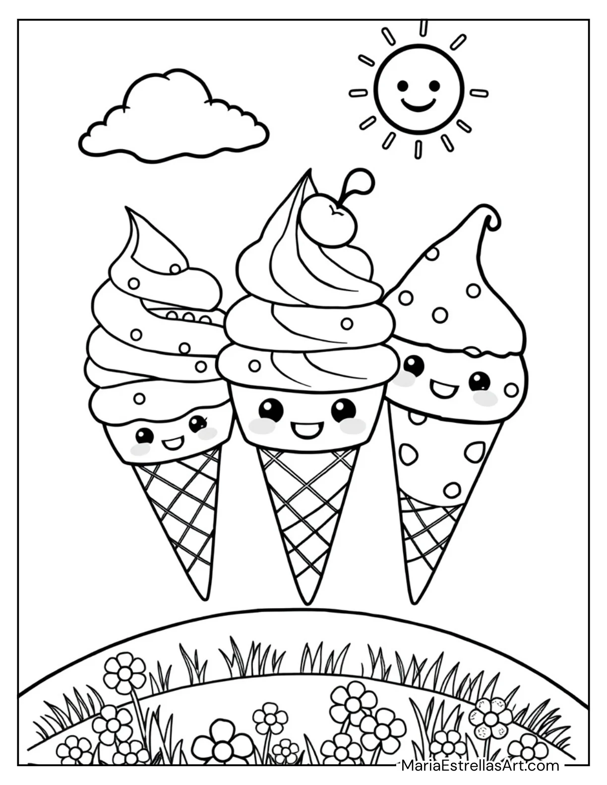 Kawaii Ice Cream Cones with Smiling Faces Coloring Page