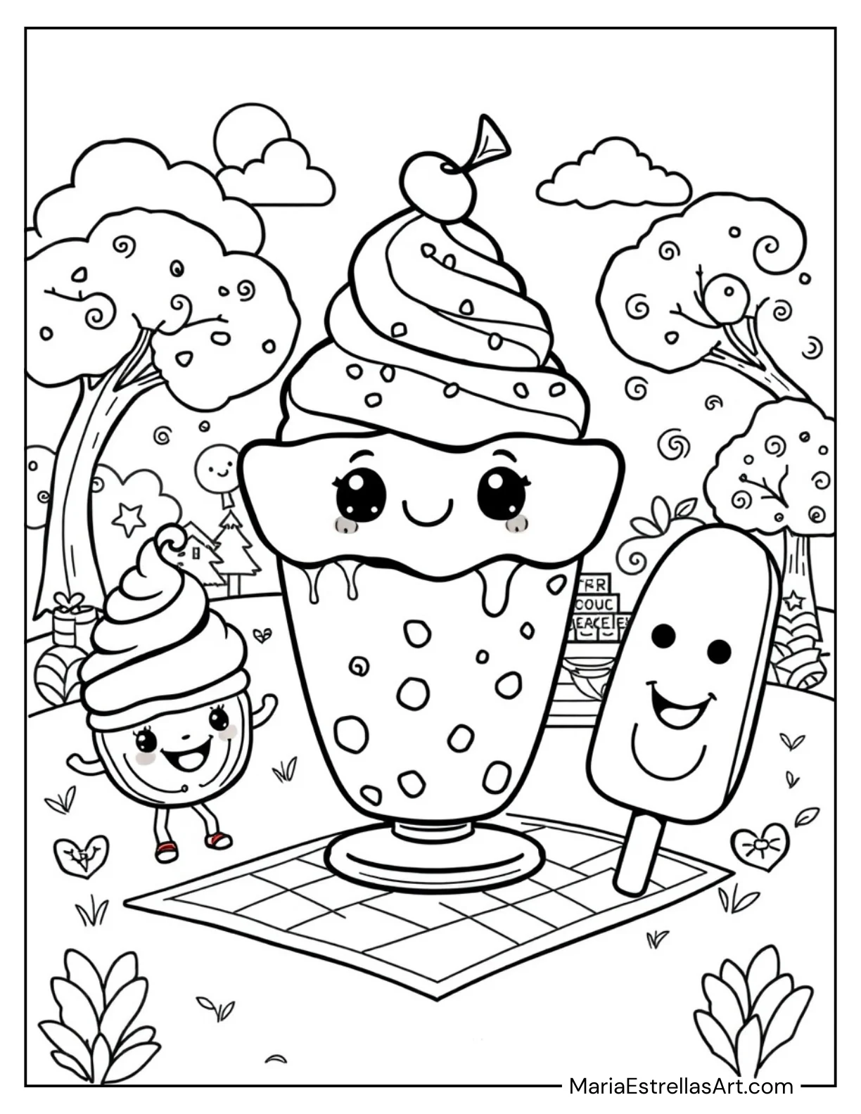 Kawaii Ice Cream Sundae Party Coloring Sheet