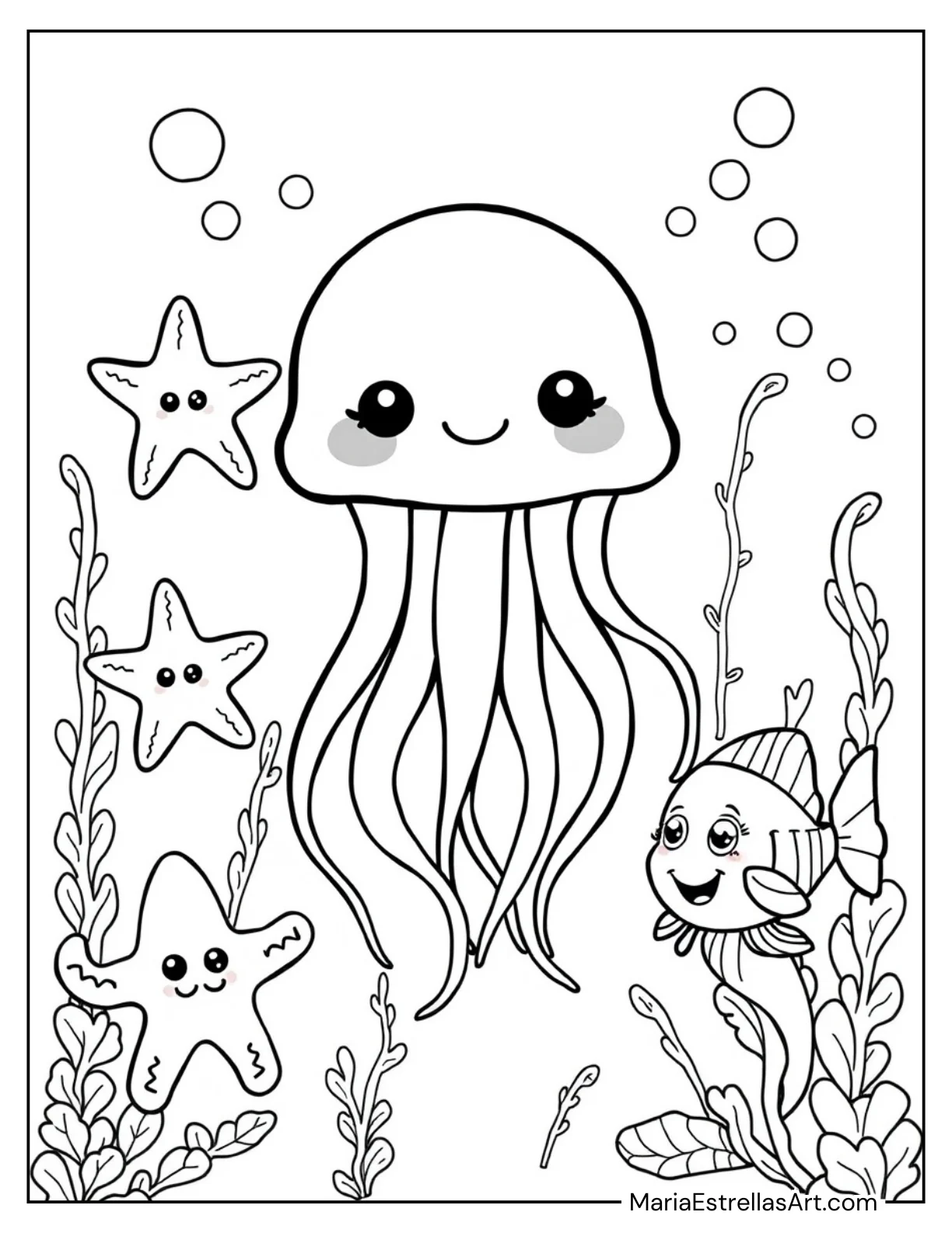 Kawaii Jellyfish and Sea Friends Coloring Sheet