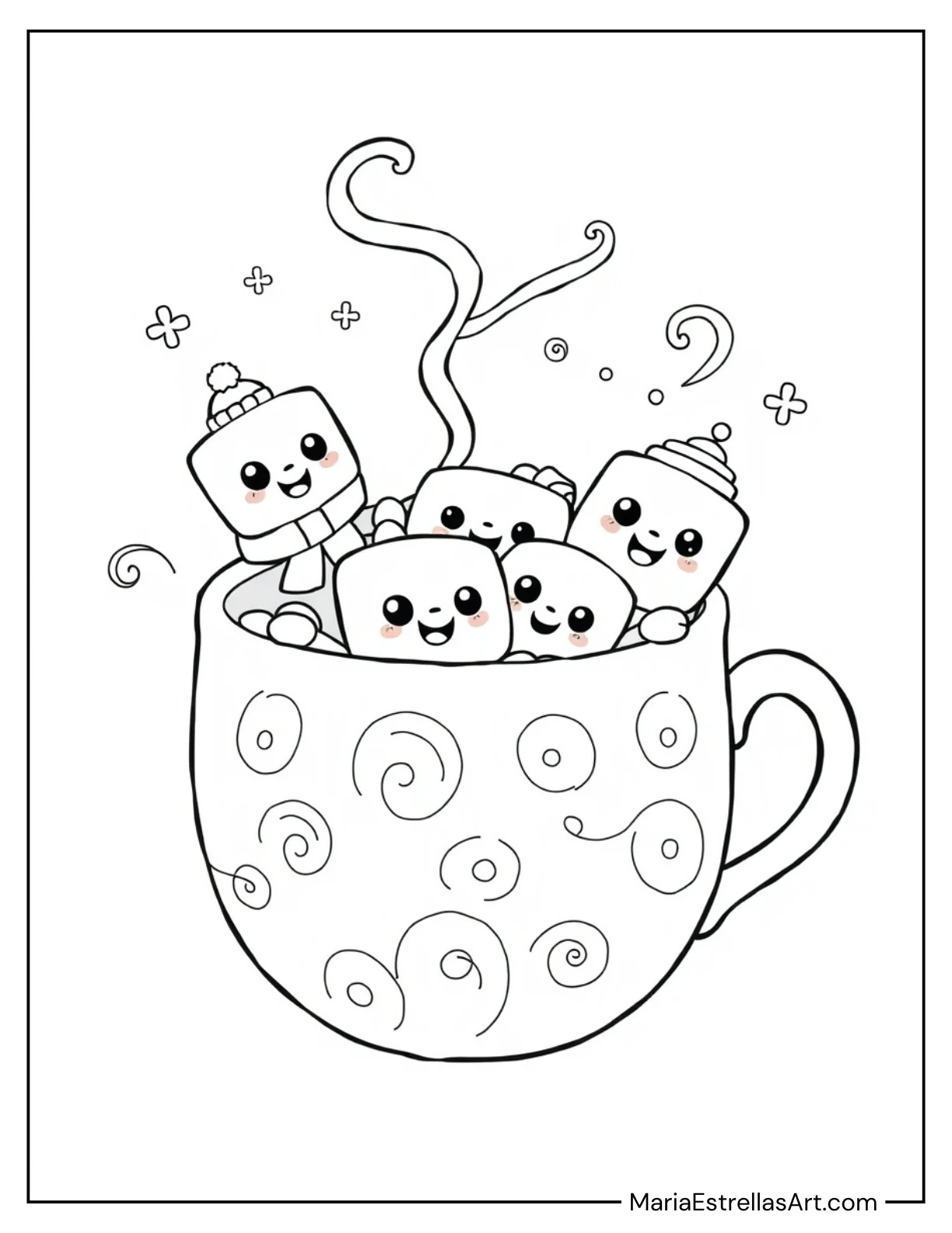 Kawaii Marshmallows in Hot Cocoa Coloring Page