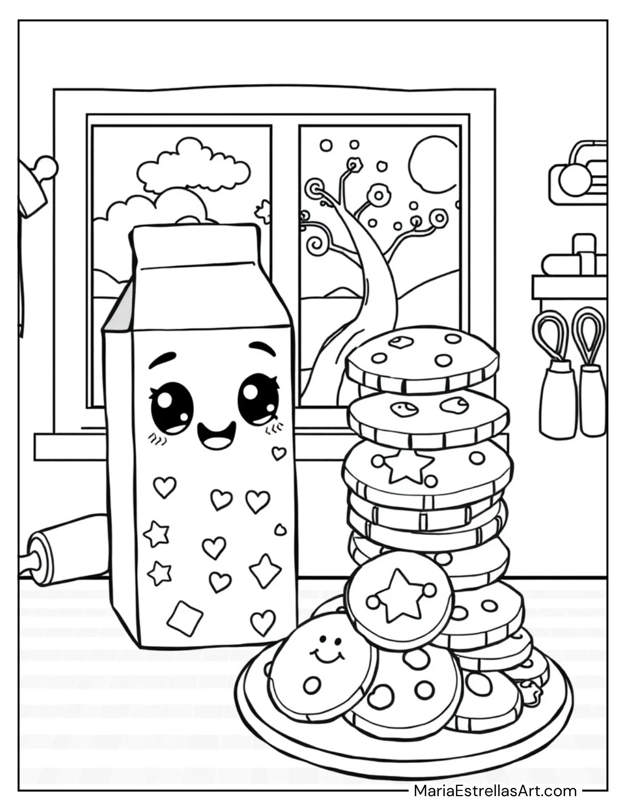 Kawaii Milk Carton and Cookies Coloring Sheet