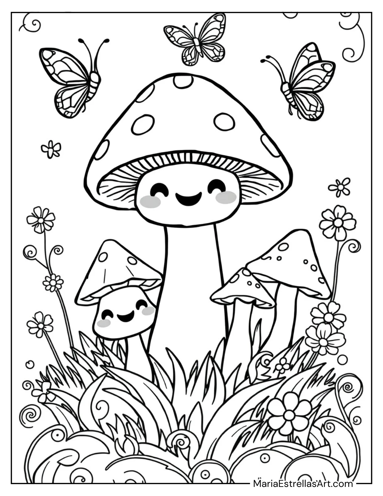 Kawaii Mushrooms with Smiling Faces Coloring Sheet