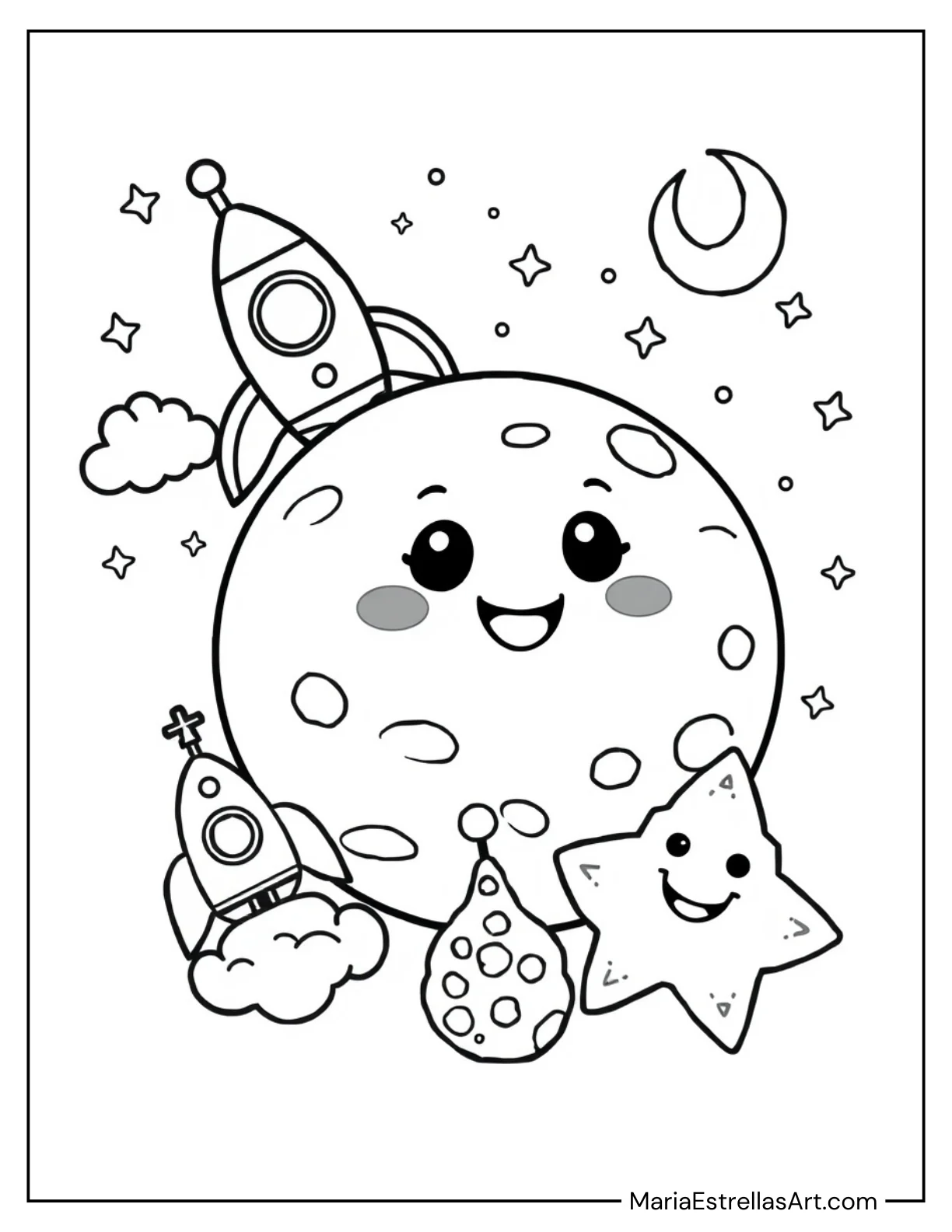 Kawaii Planet and Space Friends Coloring Sheet