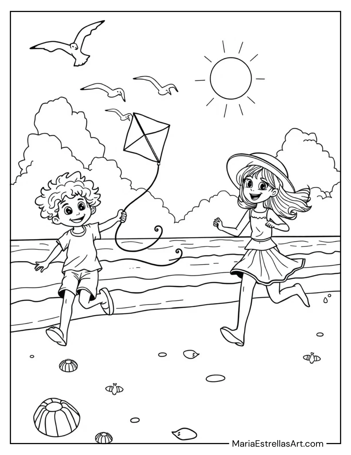 Kite Flying on a Windy Beach Day Coloring Sheet