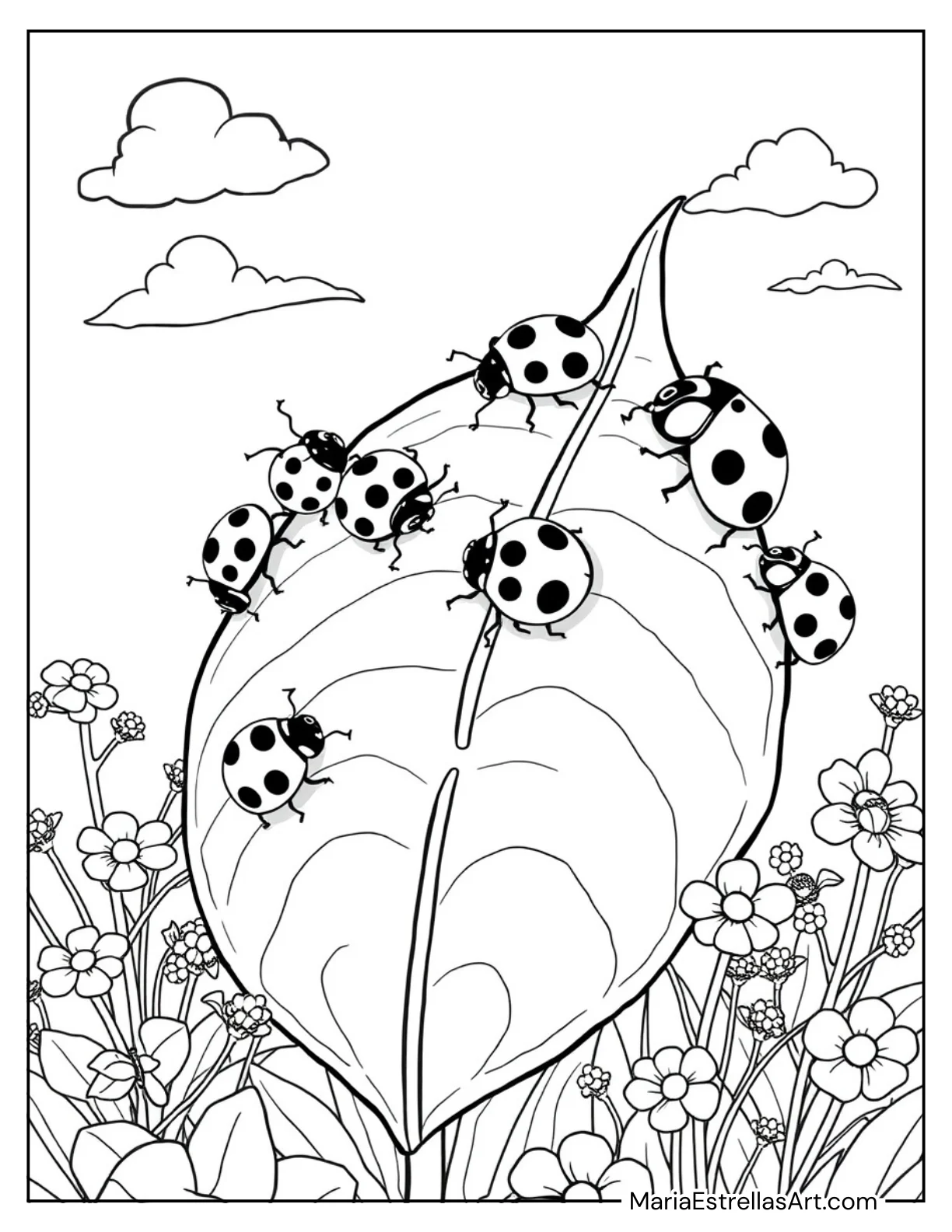 Ladybugs on a Leaf Spring Coloring Sheet