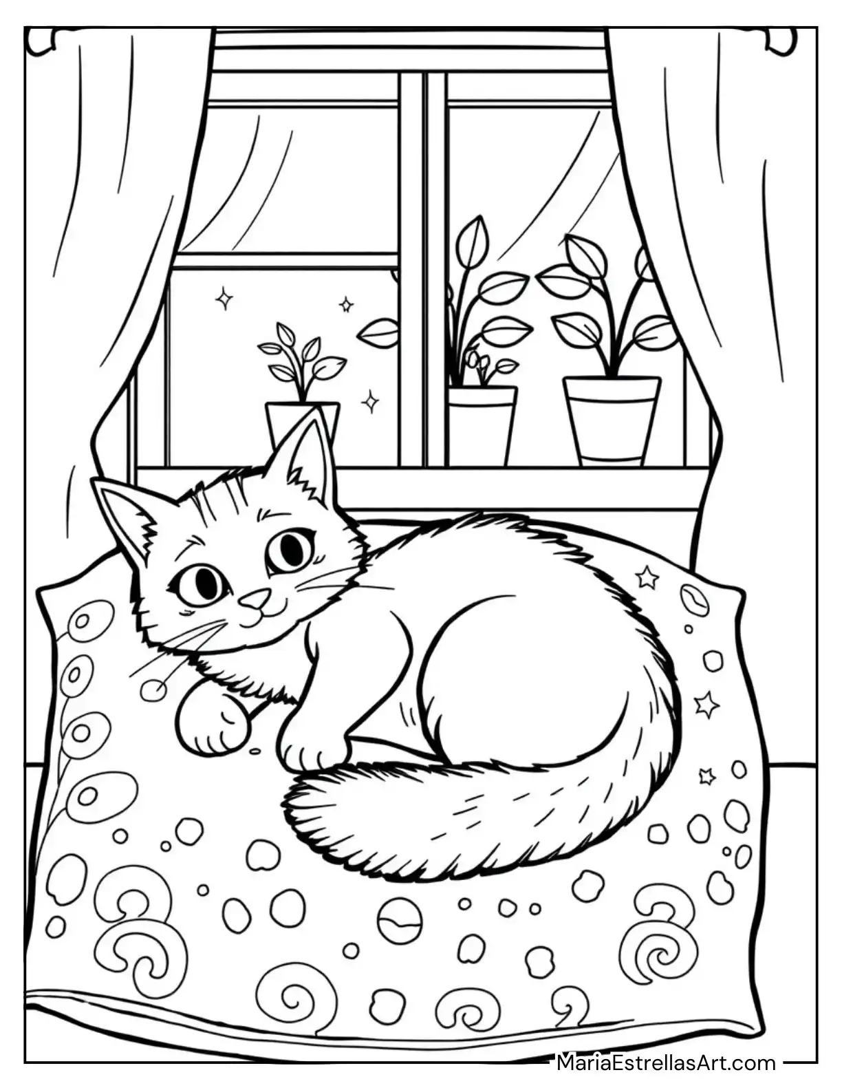 Lazy Cat and Cozy Pillow for Kids to Color