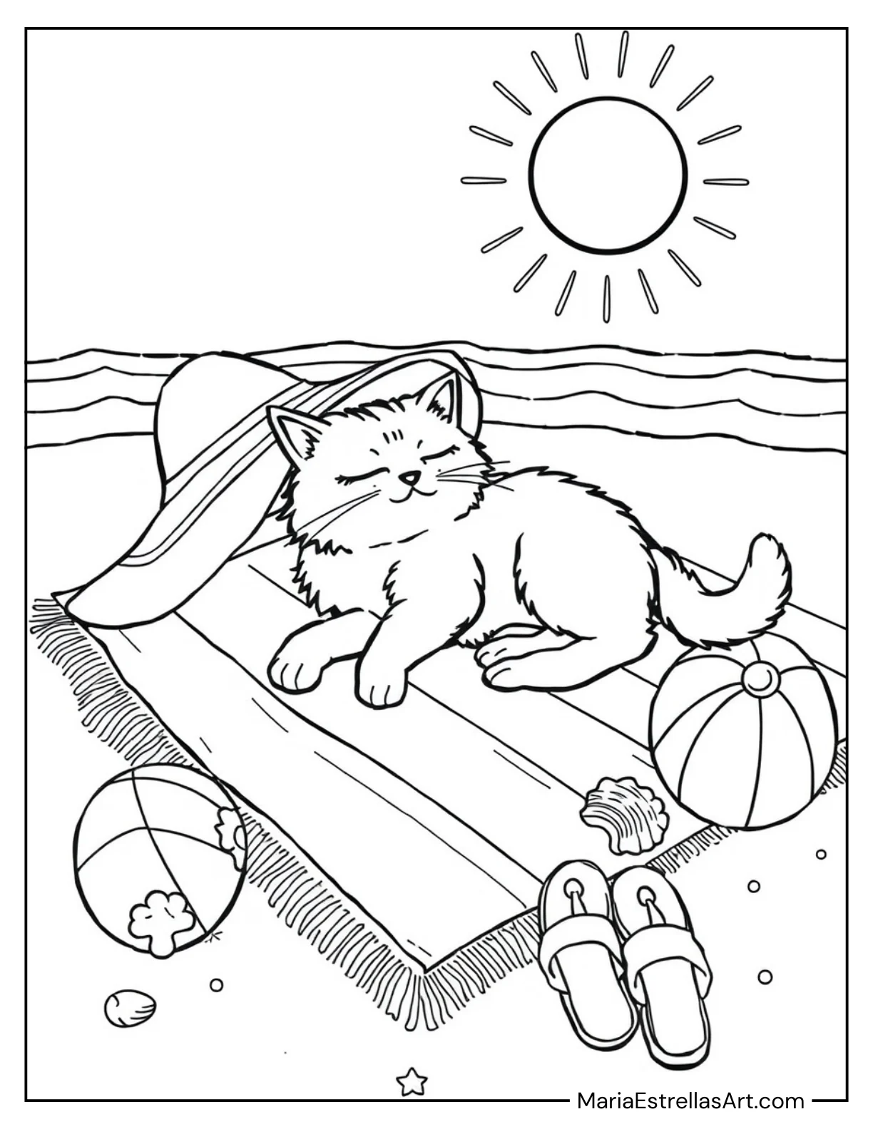 Lazy Cat on a Beach Towel Summer Coloring Page