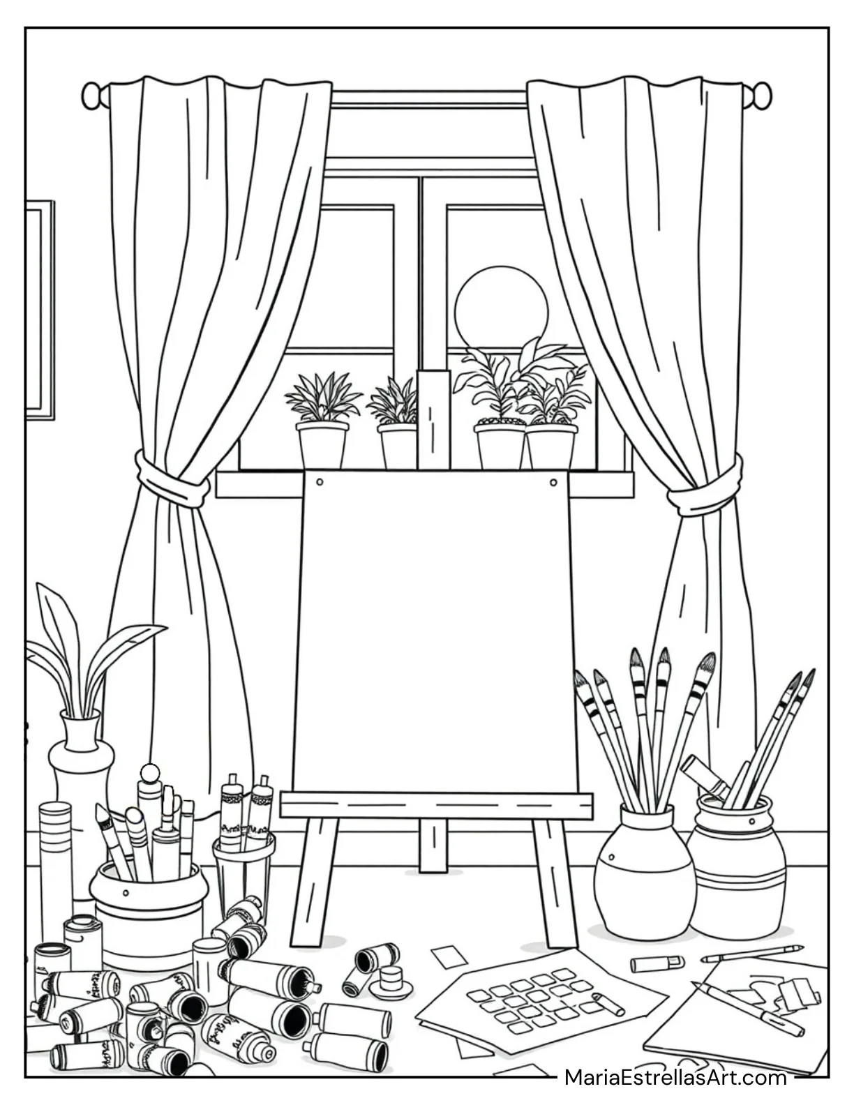 Little Art Corner With Paints, Brushes, and a Canvas Coloring Page