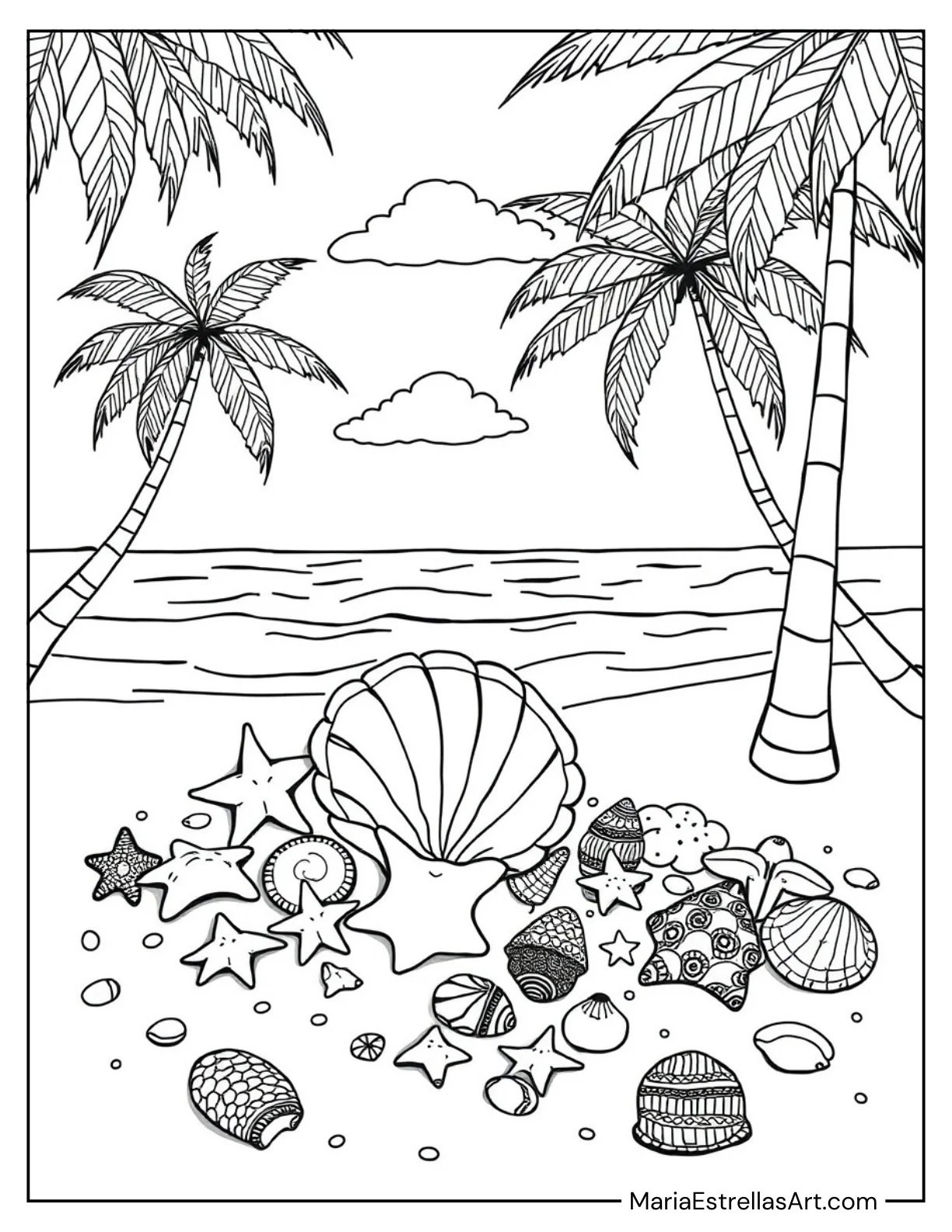 Little Beach Corner With Sand, and Shells Coloring Page