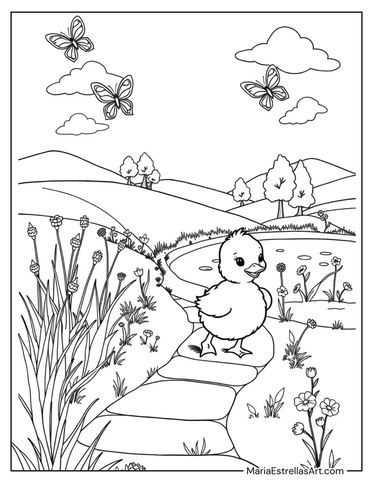 Little Duckling Waddling Cute Animals Coloring Sheet