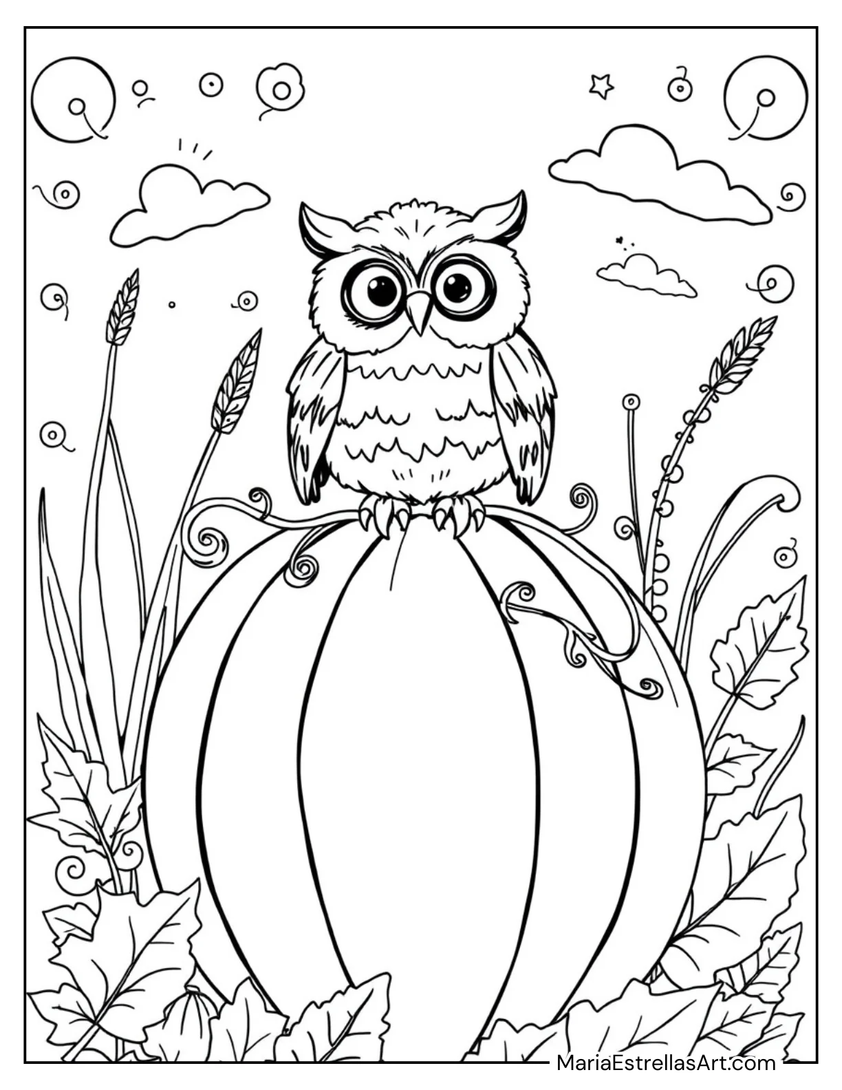 Little Owl Sitting on a Pumpkin Fall Coloring Page