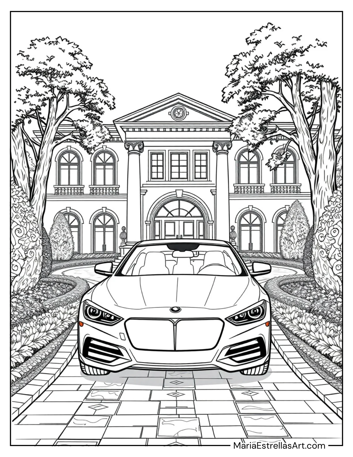 Luxury Sedan Parked in Front of a Mansion to Color for Kids