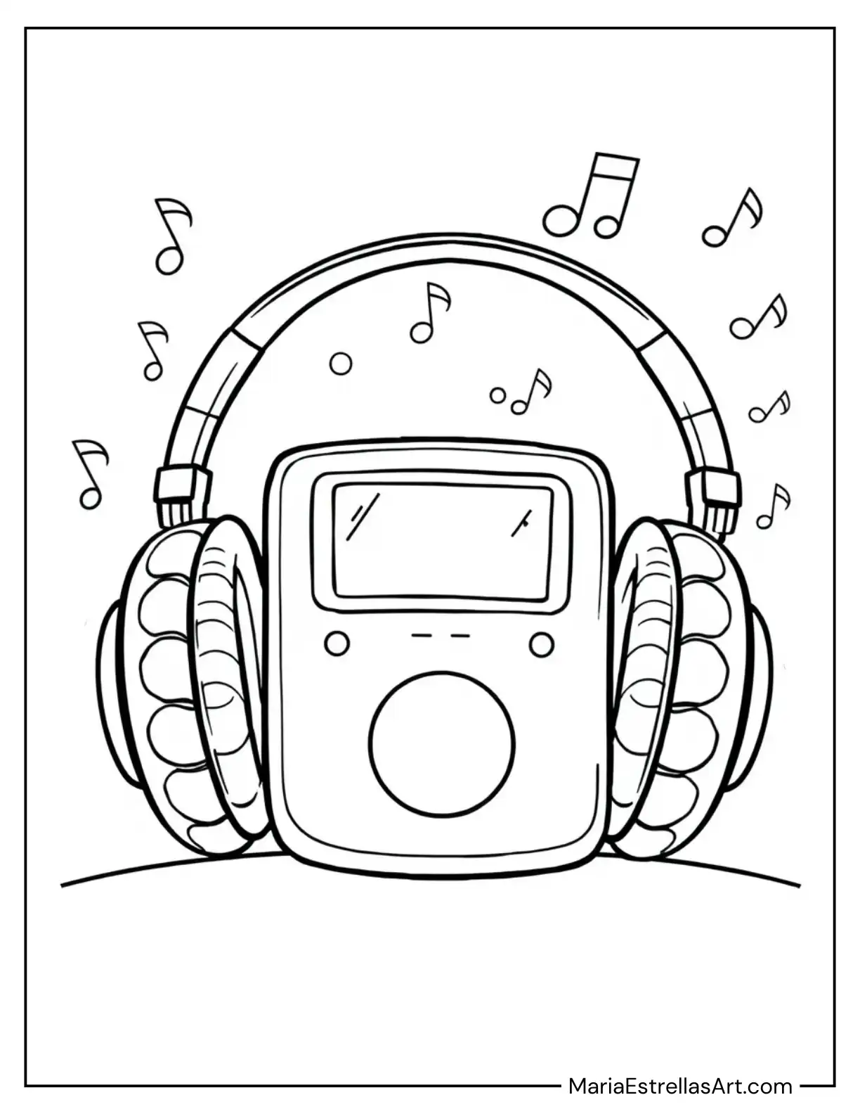 MP3 Player Surrounded by Headphones Coloring Sheet