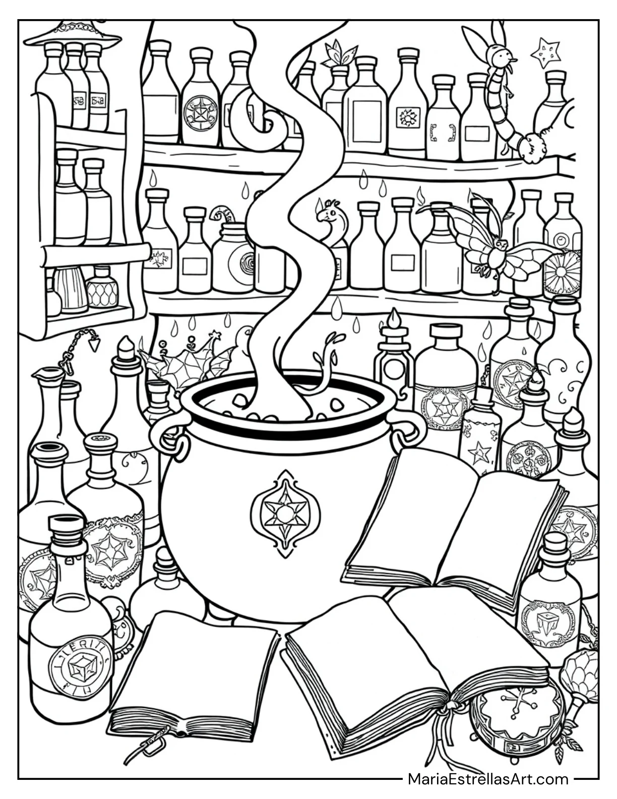 Magical Potion Corner With Bottles, and a Cauldron Coloring Sheet