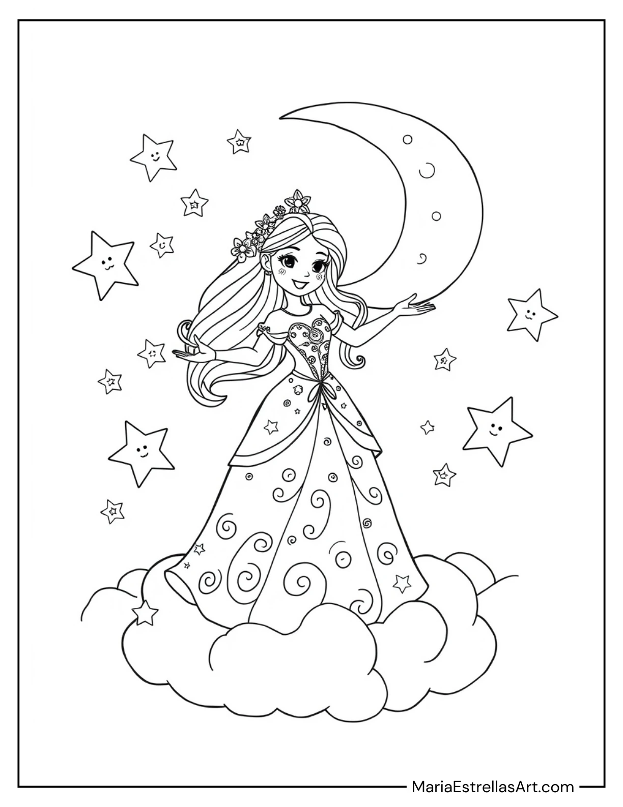 Magical Princess With Floating Stars and a Crescent Moon