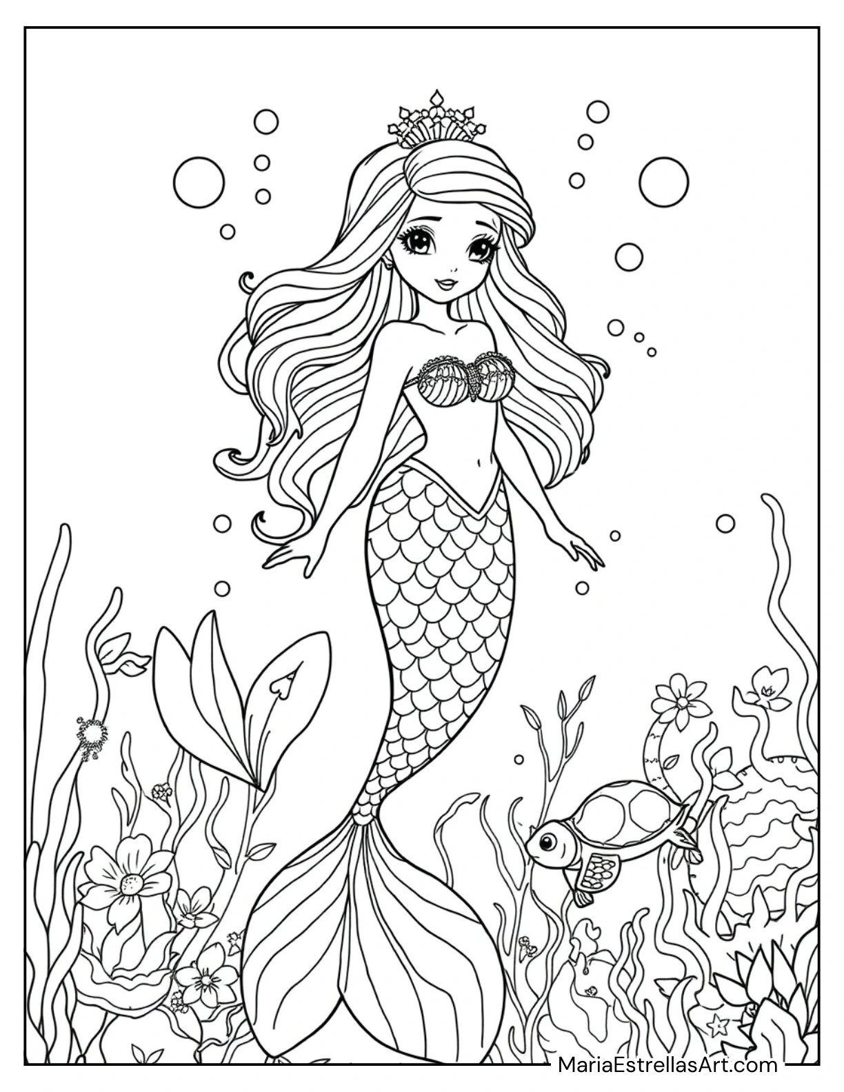 Mermaid Princess With a Glittery Tail Under the Sea Coloring Sheet