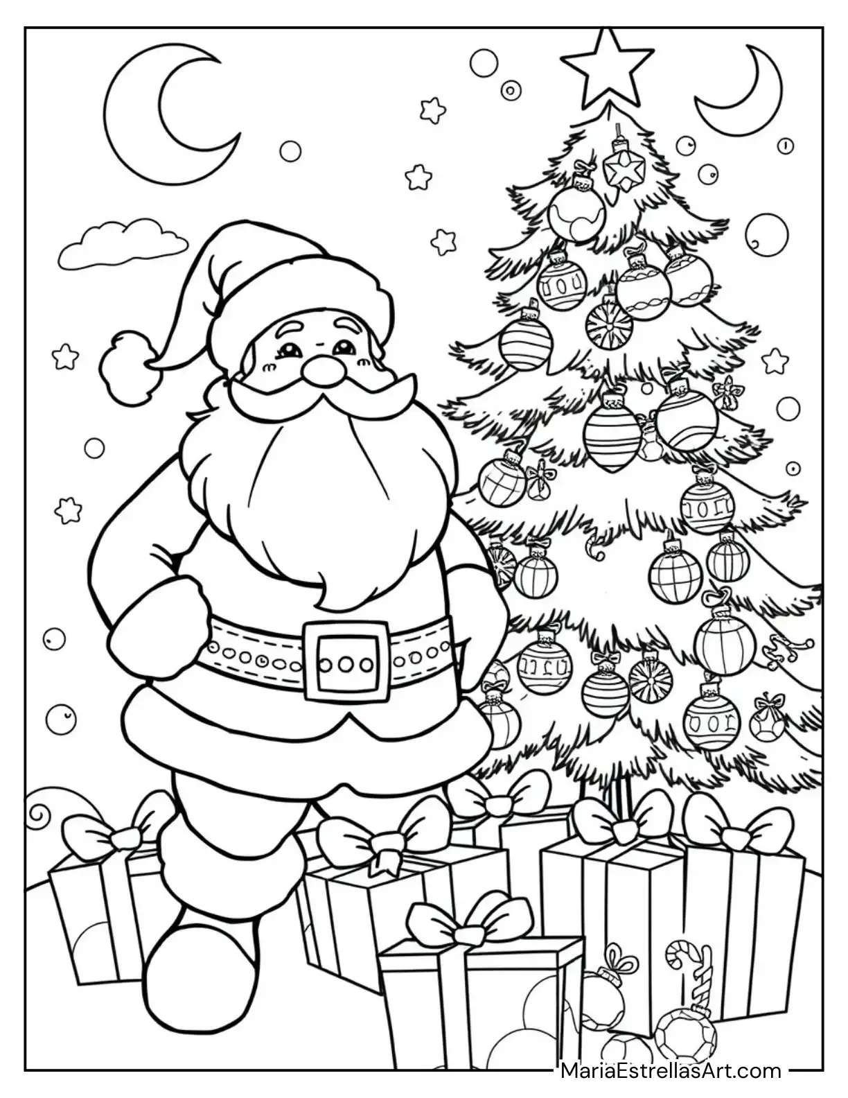 Santa Near the Christmas Tree For Kids to Color