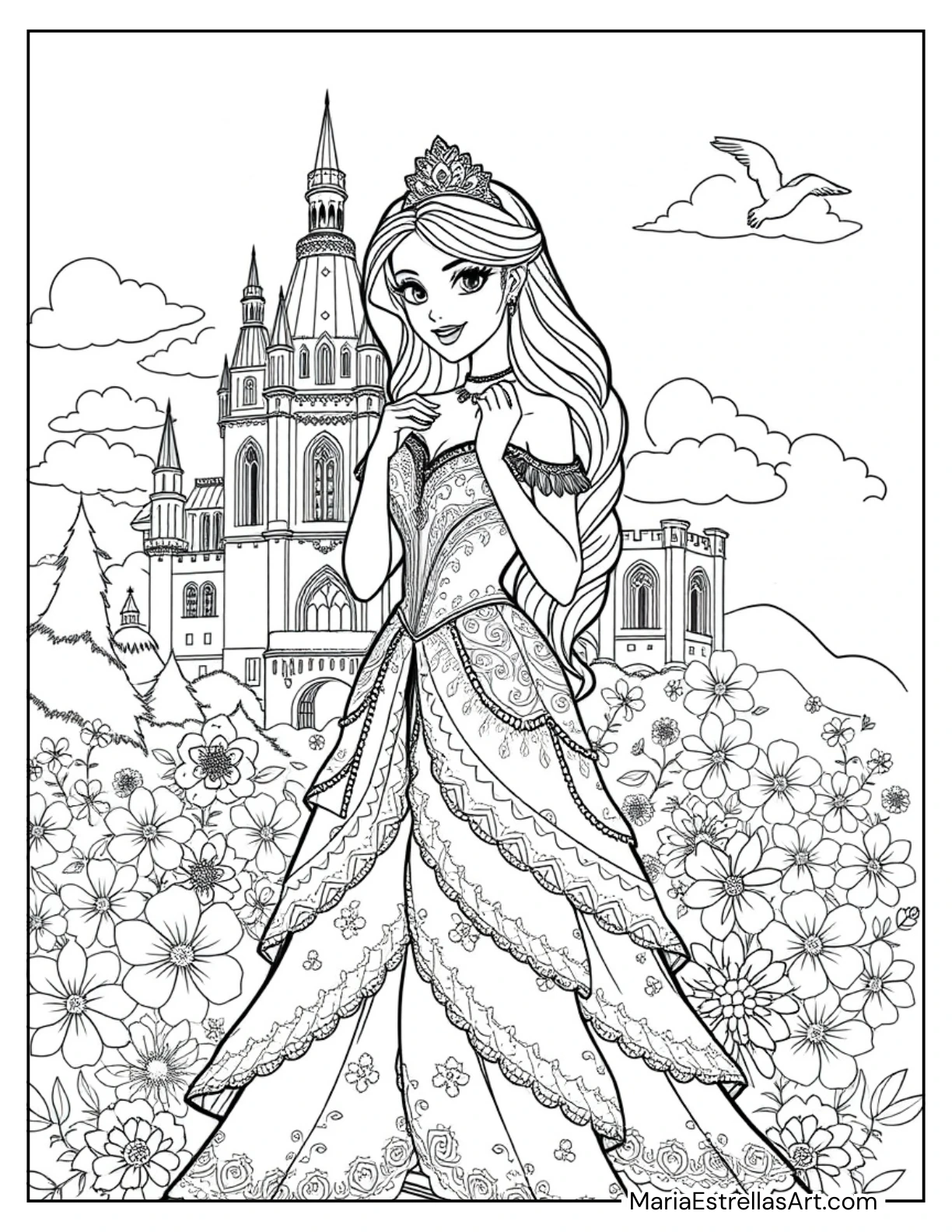 Modern-Day Princess in a Stylish Gown With Accessories Coloring Page