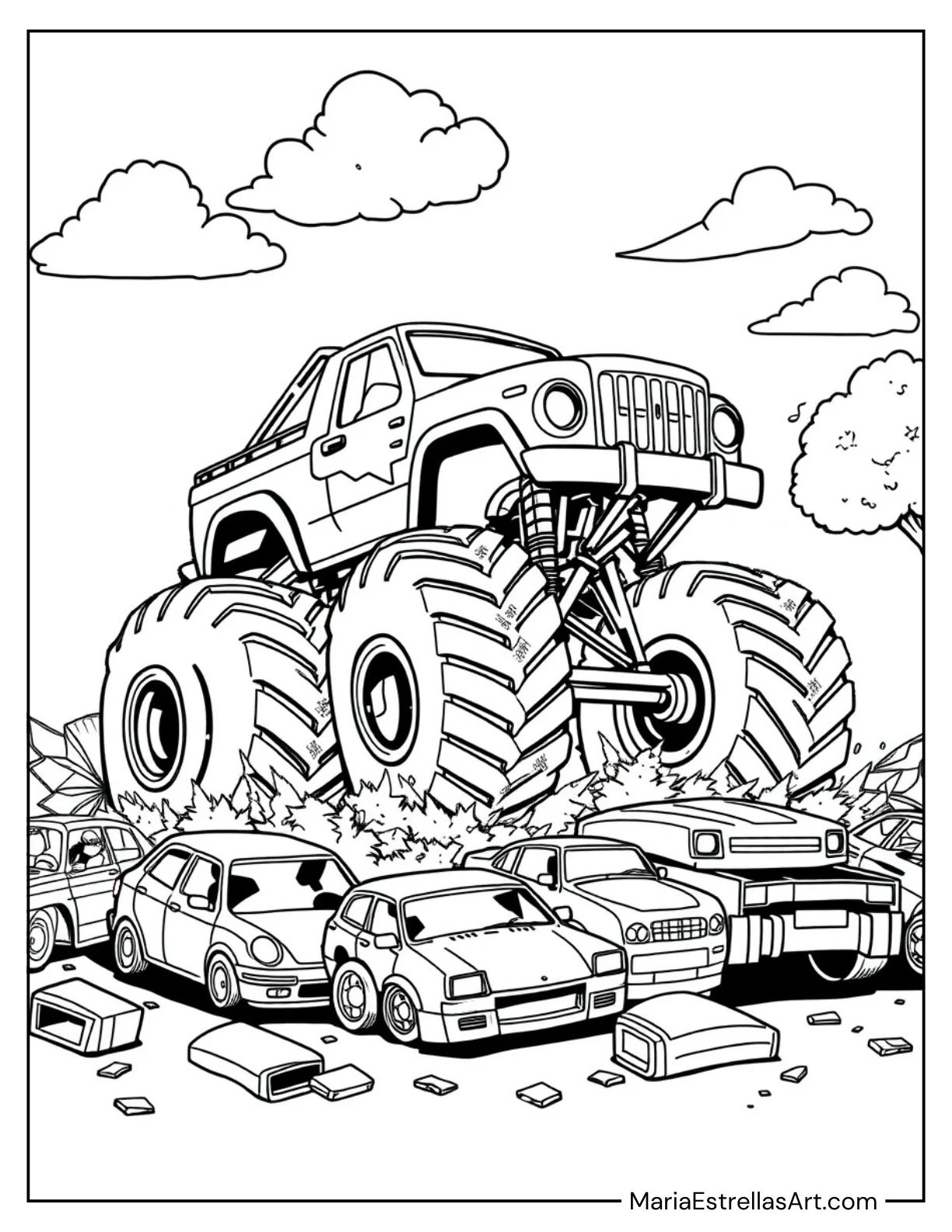 Monster Truck Crushing Cars in an Action Scene Coloring Page