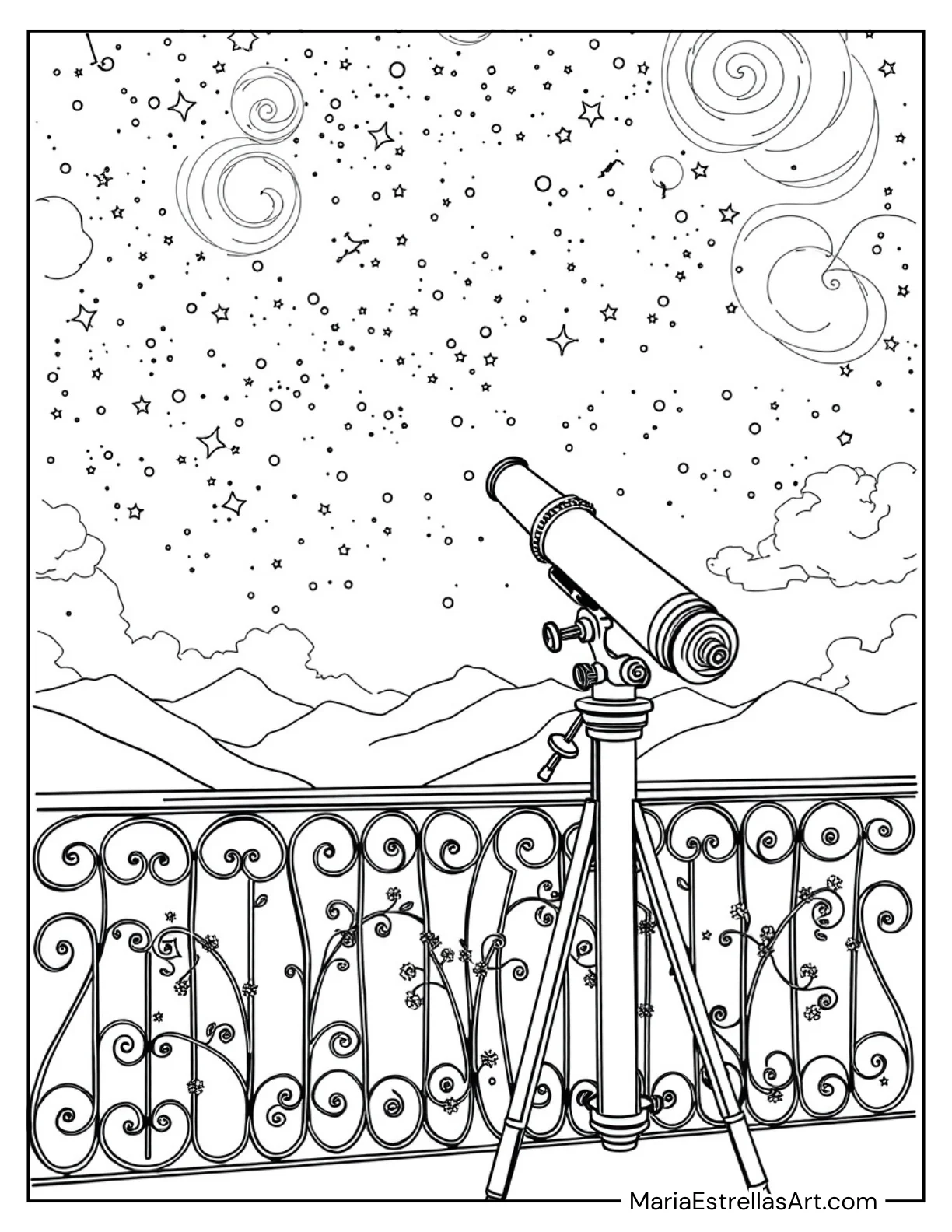 Night Sky Balcony With a Telescope Aesthetic Spaces Coloring Page