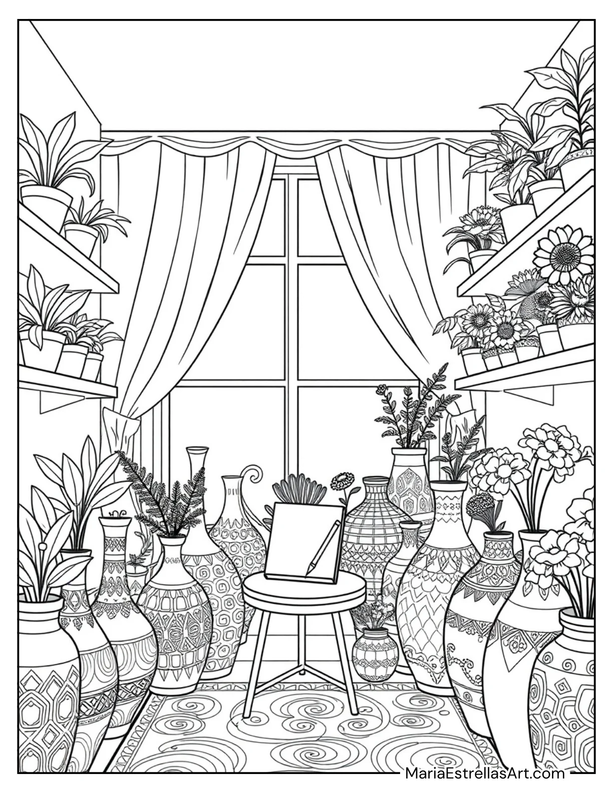 Nook in a Flower Shop With Vases Coloring Sheet