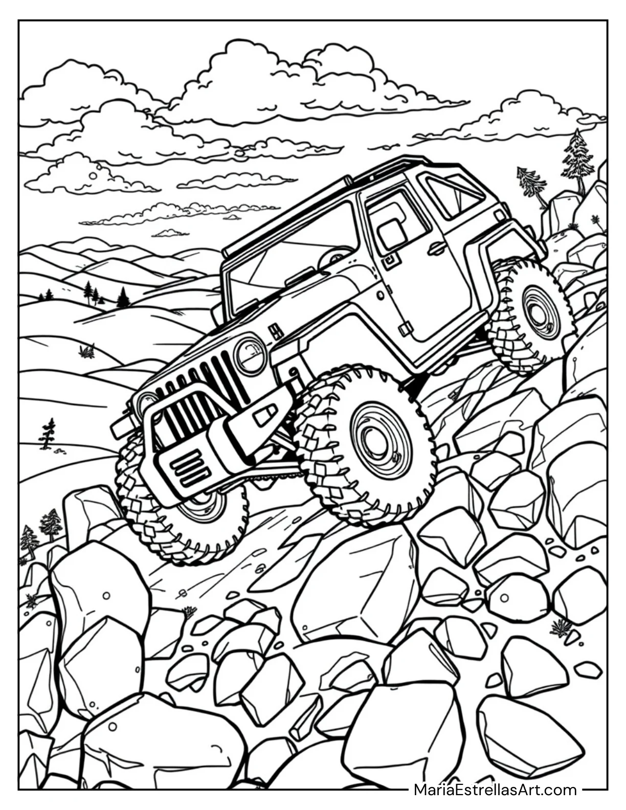 Off-Road Vehicle Climbing a Rocky Hill Car Coloring Page