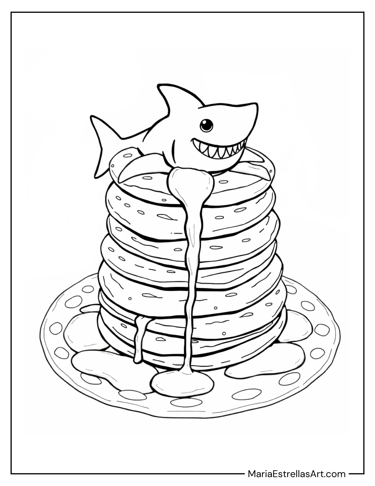 Pancake Stack With Blue Syrup and a Shark Design on Top