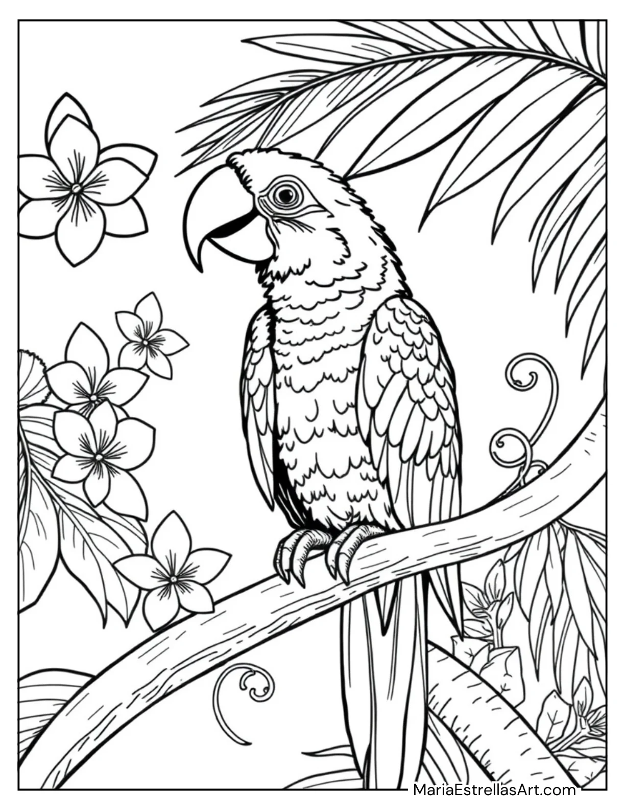 Parrot on a Palm Branch Summer Coloring Page