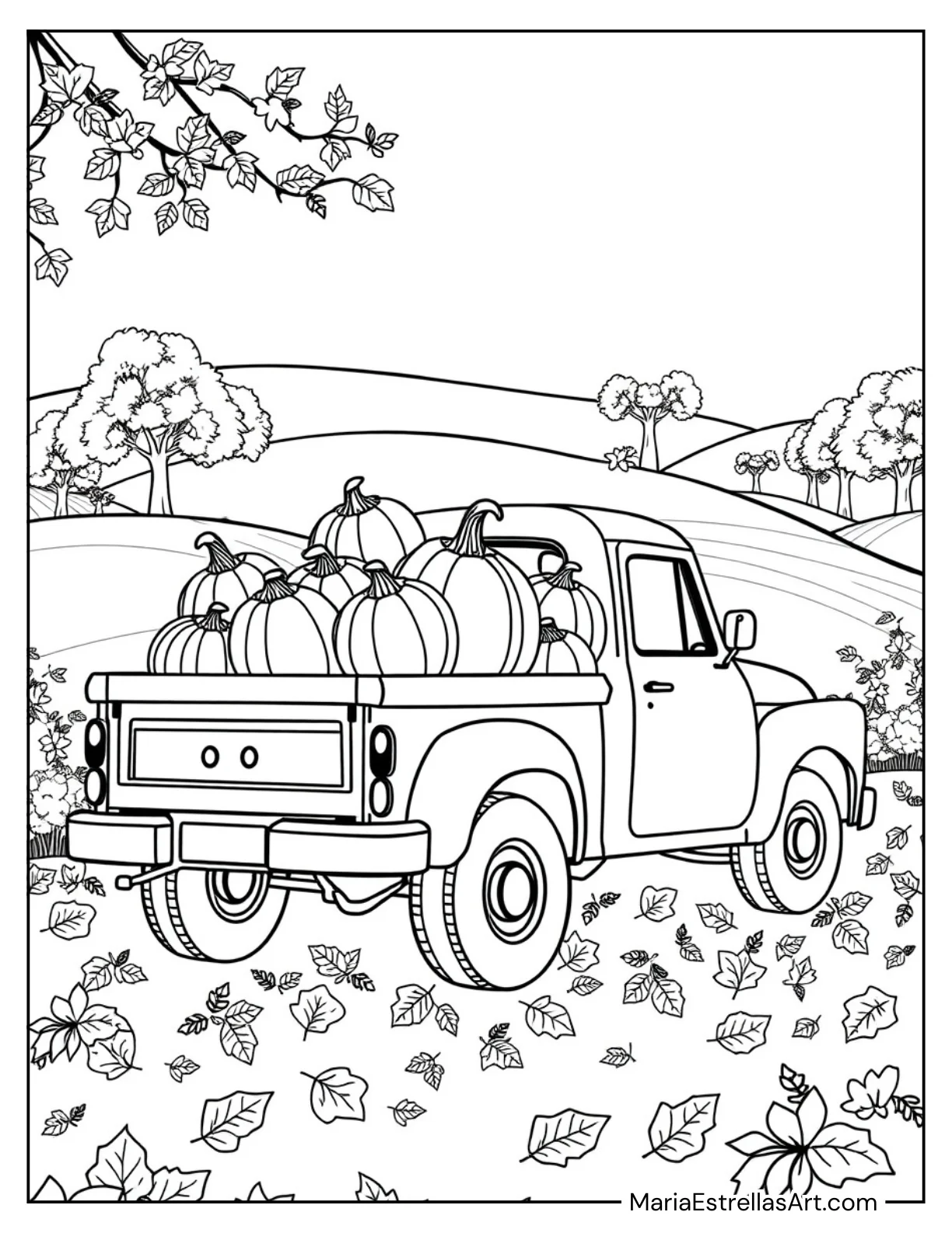 Pickup Truck Filled With Pumpkins and Fall Leaves