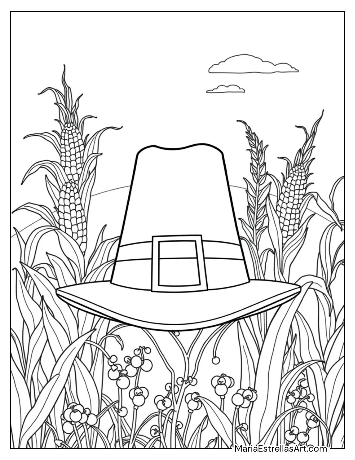 Pilgrim Hat Surrounded by Cornstalks and Berries Coloring Page