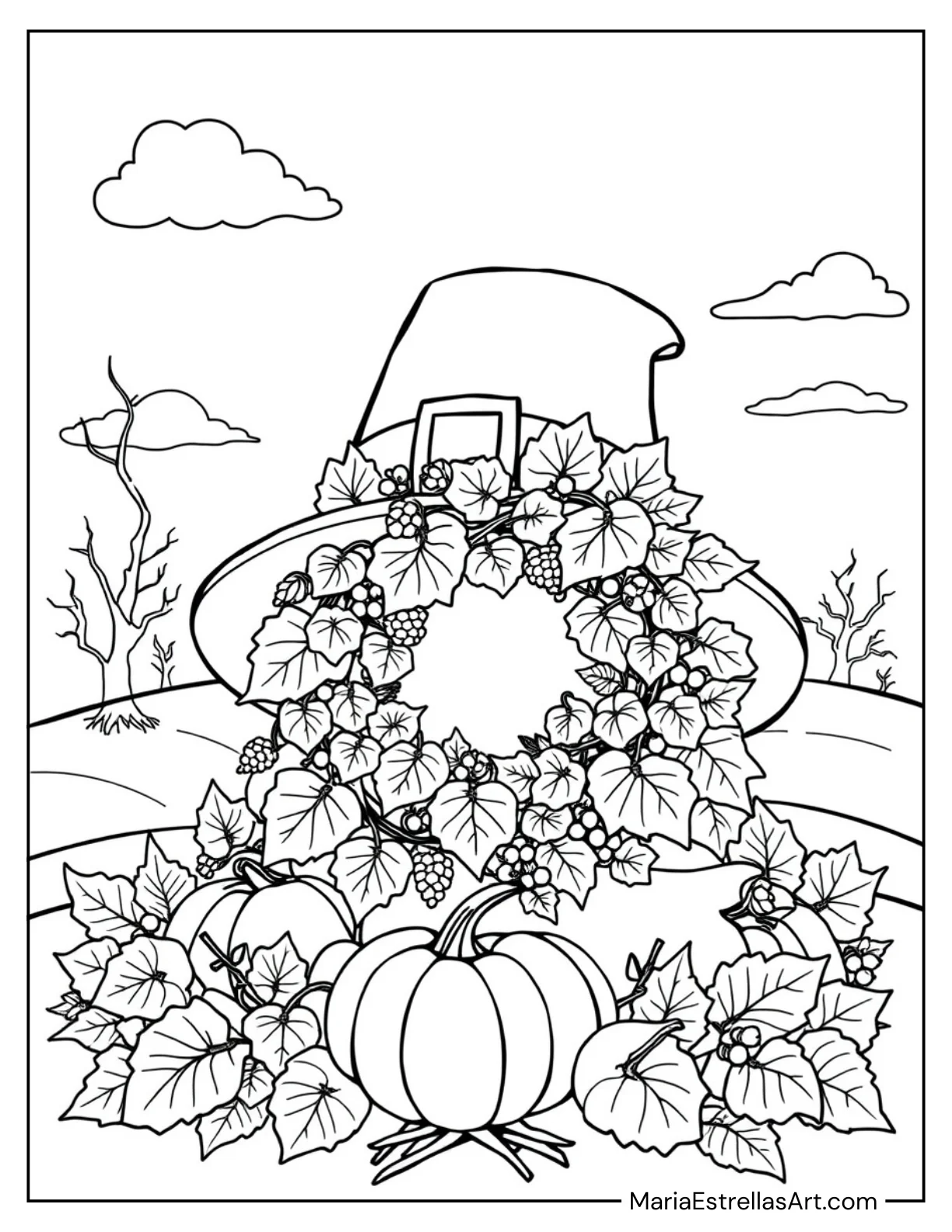 Pilgrim Hat With a Harvest Wreath and Autumn Leaves Coloring Page