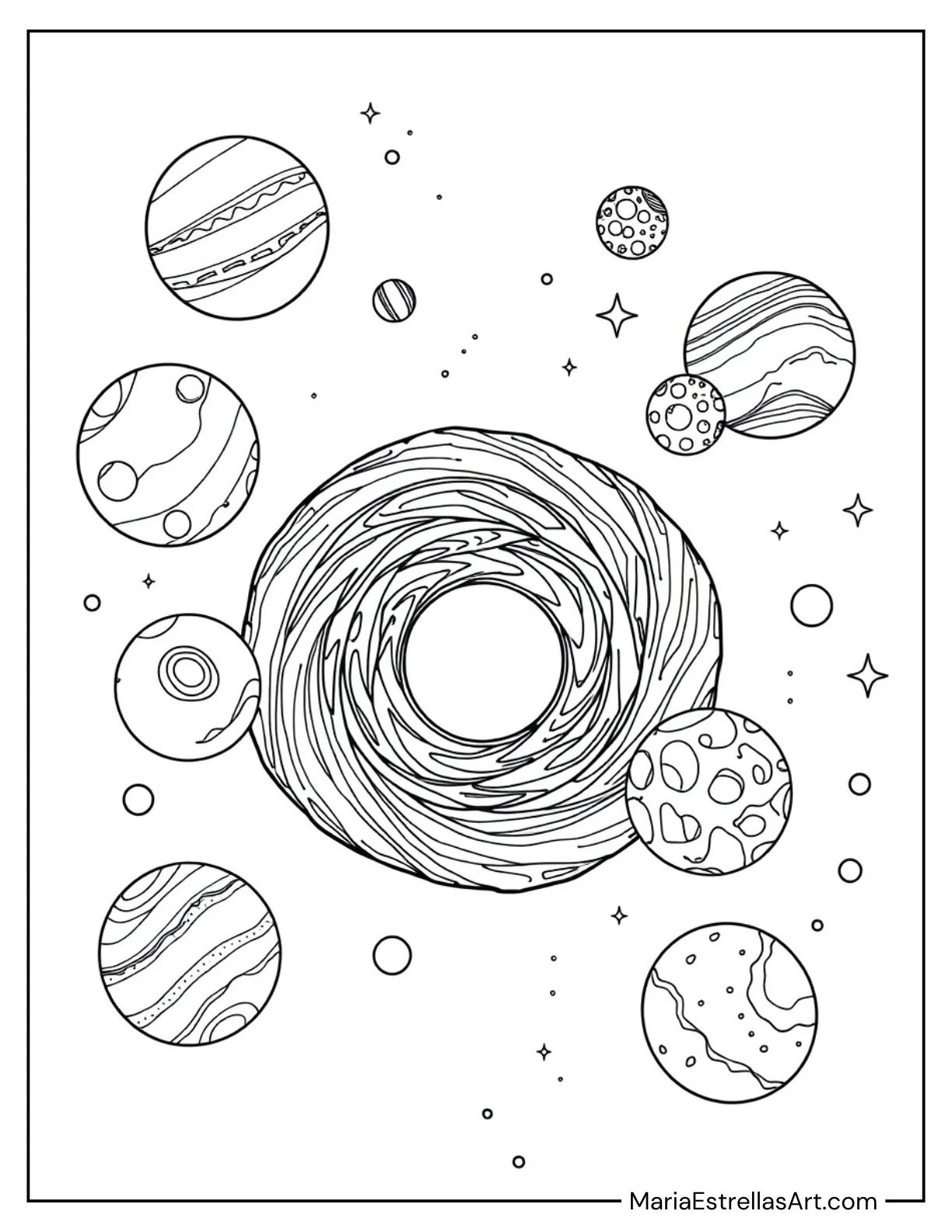 Planets Floating Around a Black Hole Coloring Page