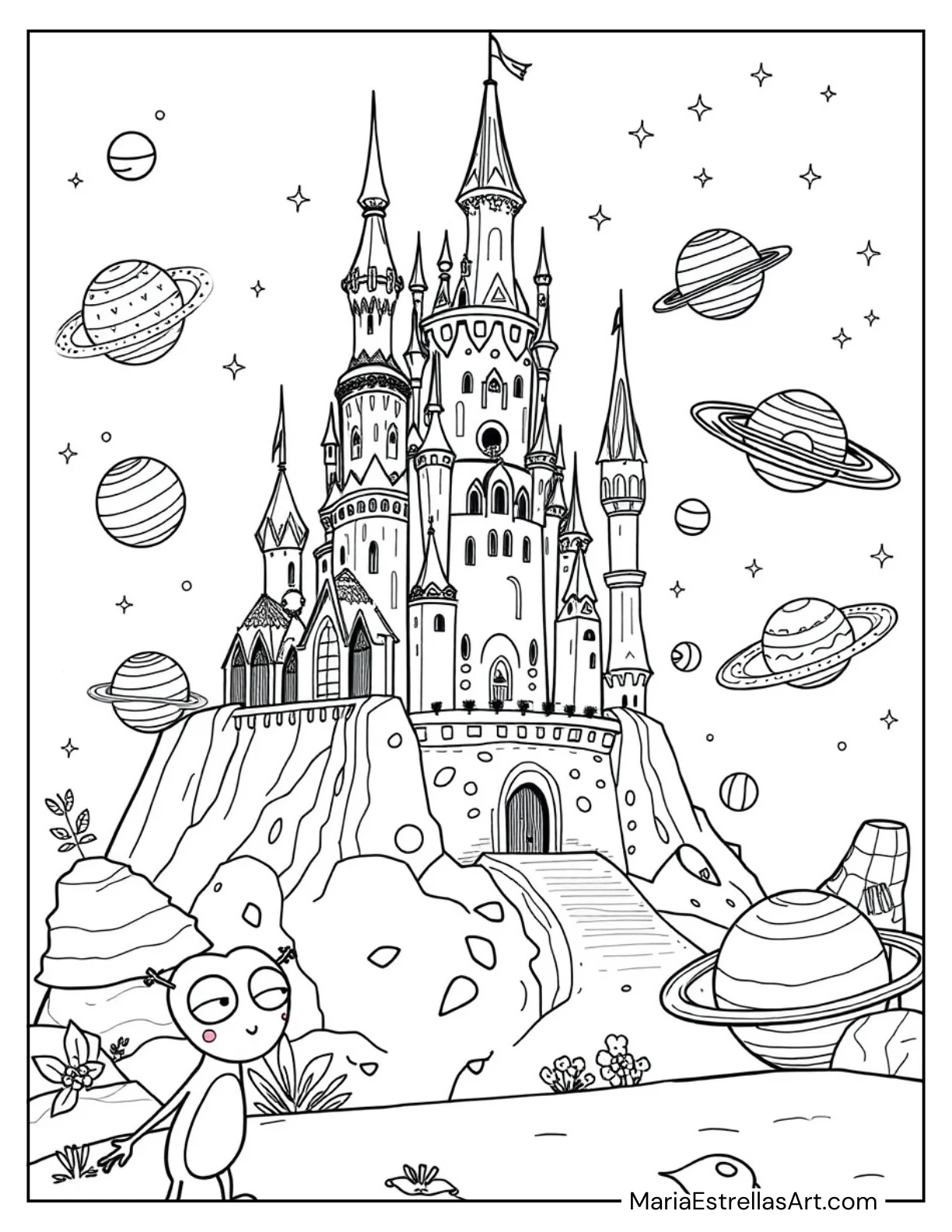 Planets Orbiting a Giant Alien Castle Coloring Page