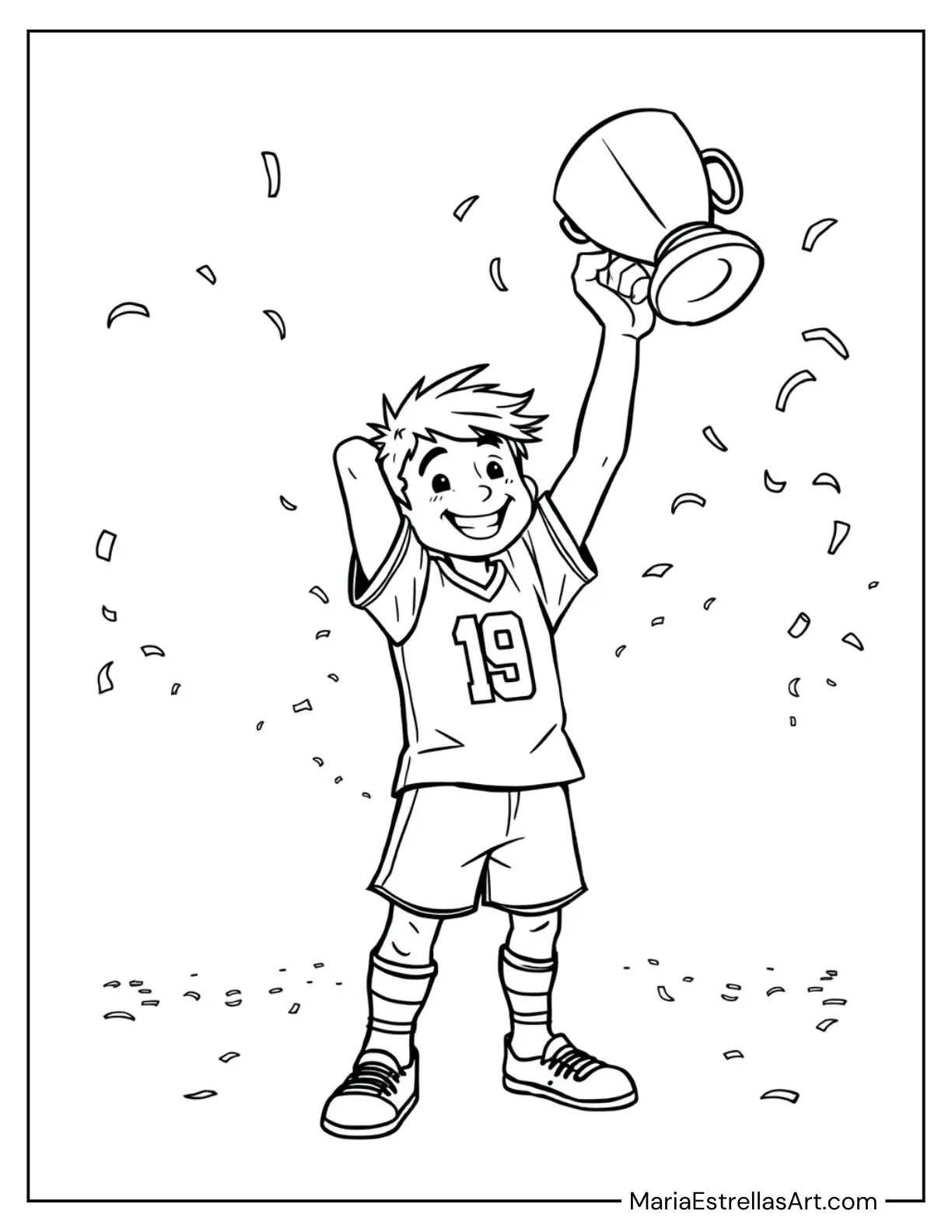 Player Holding a Trophy With Confetti Coloring Page