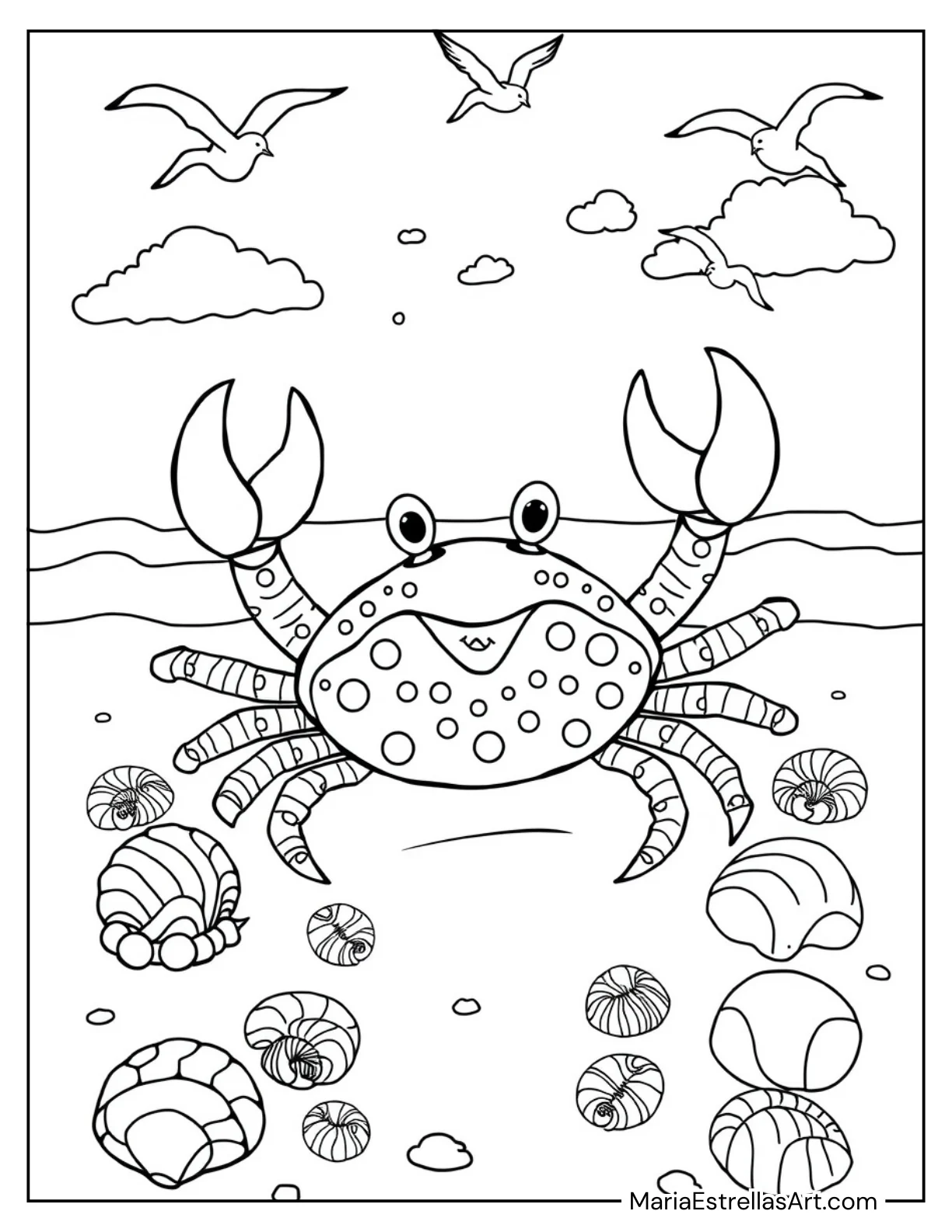 Playful Crab on a Sandy Beach Coloring Page