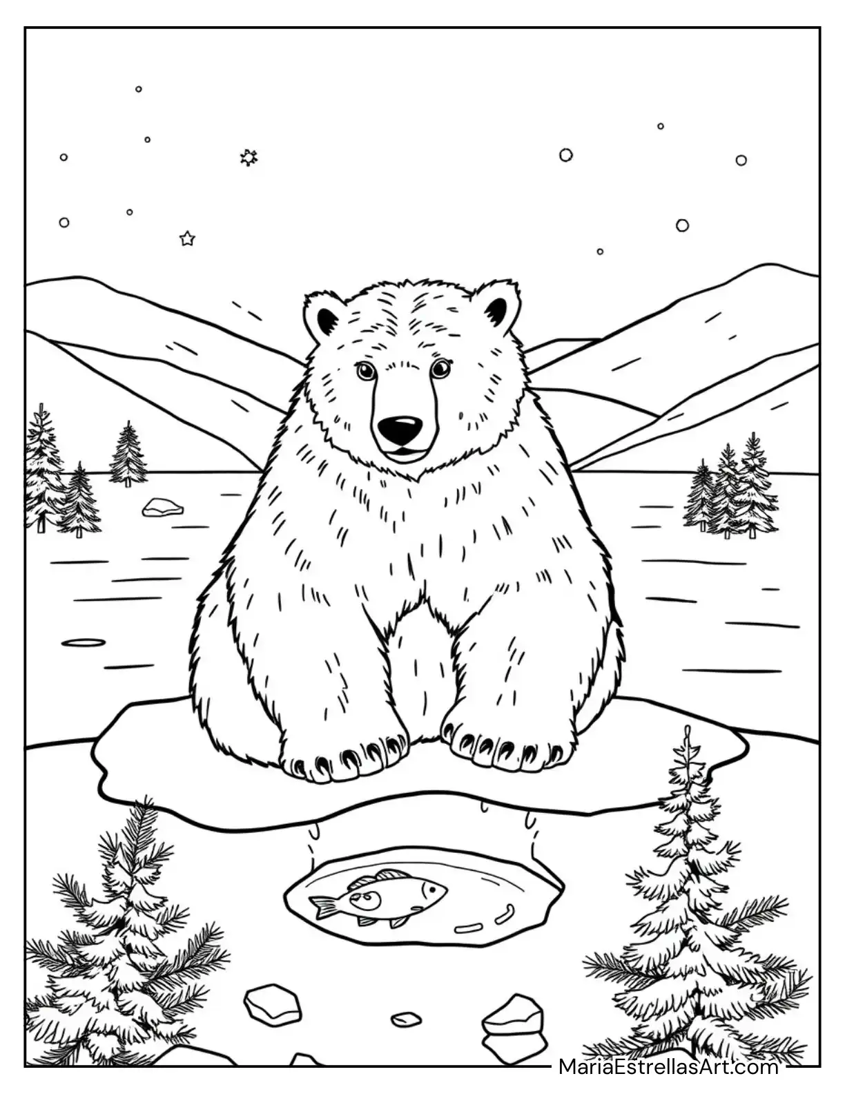 Polar Bear Ice Fishing on a Frozen Lake