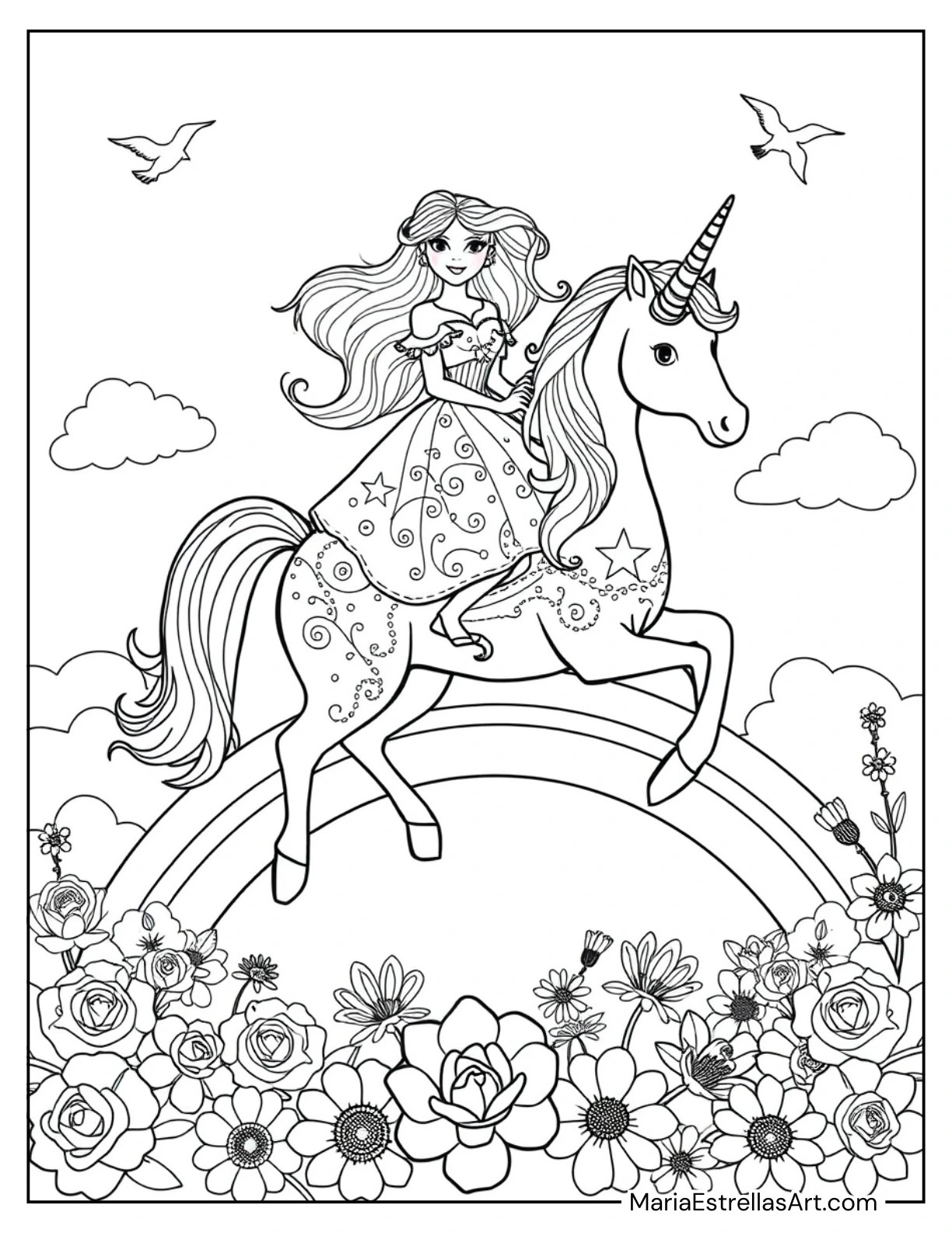 Princess Riding a Unicorn Across a Rainbow Coloring Page