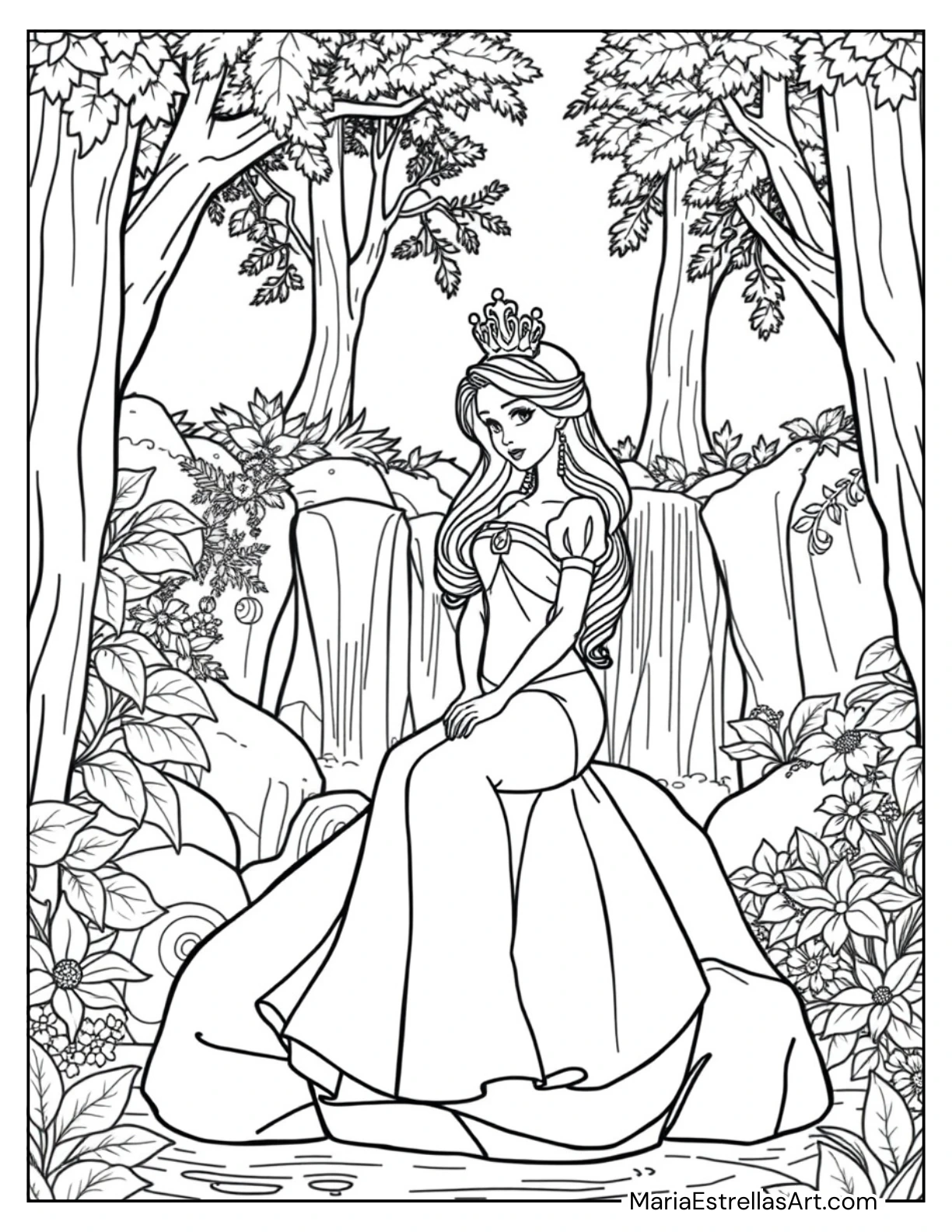 Princess Sitting by a Waterfall With a Crown of Pearls