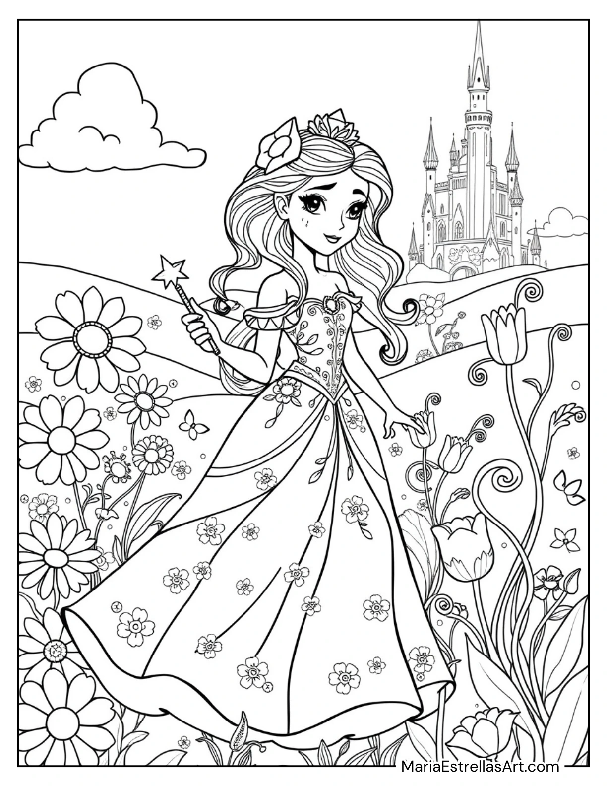 Princess Walking Through a Magical Flower Field