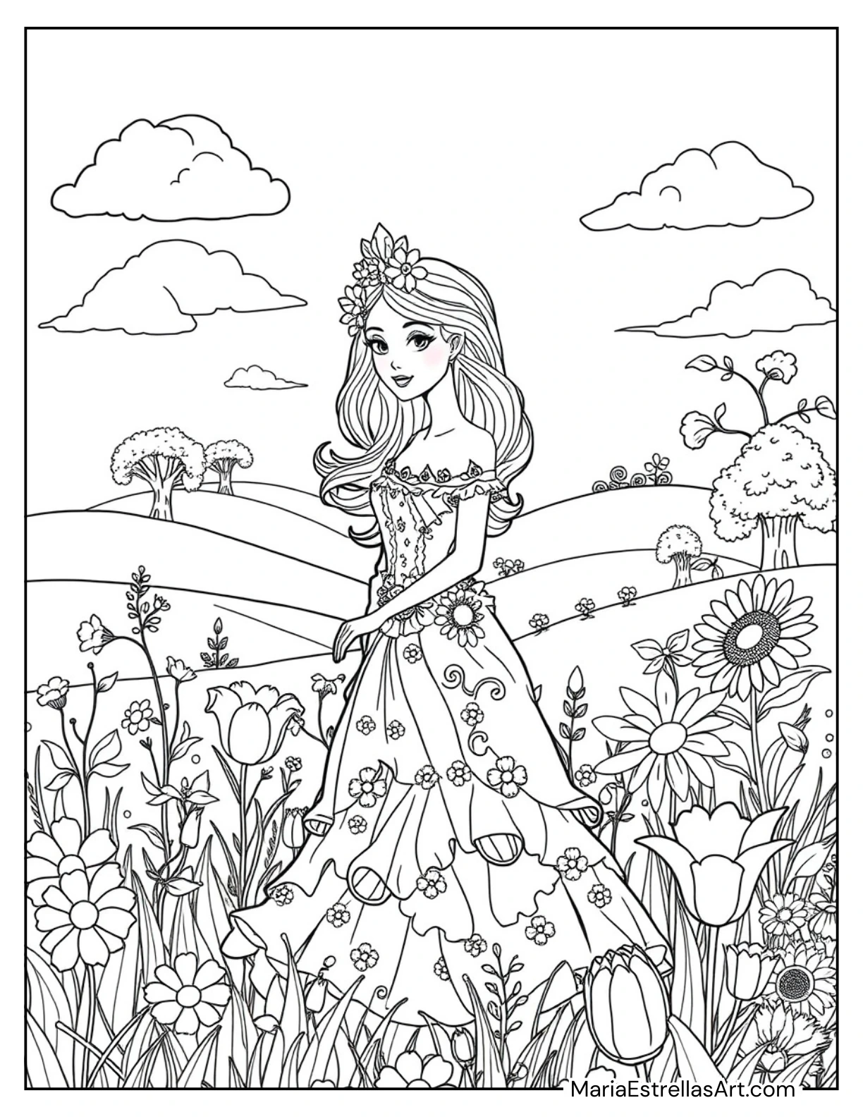 Princess Wearing a Crown of Flowers in a Meadow